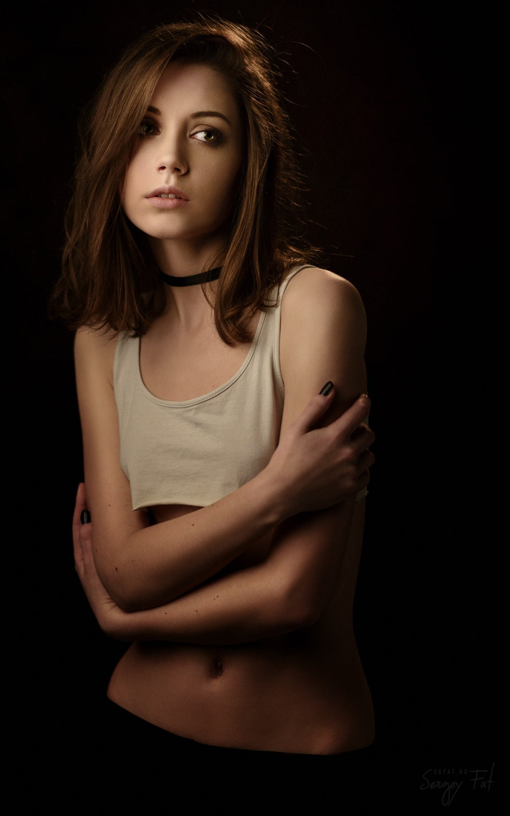 women's white sleeveless crop-top, Ksenia Kokoreva, portrait
