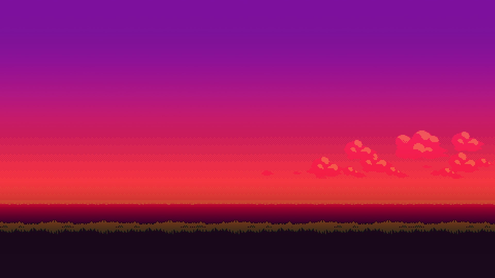 red and purple sky illustration, sunset, 16-bit, pixel art, landscape