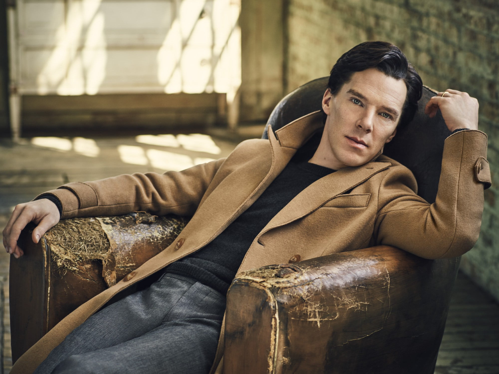 Benedict Cumberbatch, pose, actor, sitting, coat, photoshoot