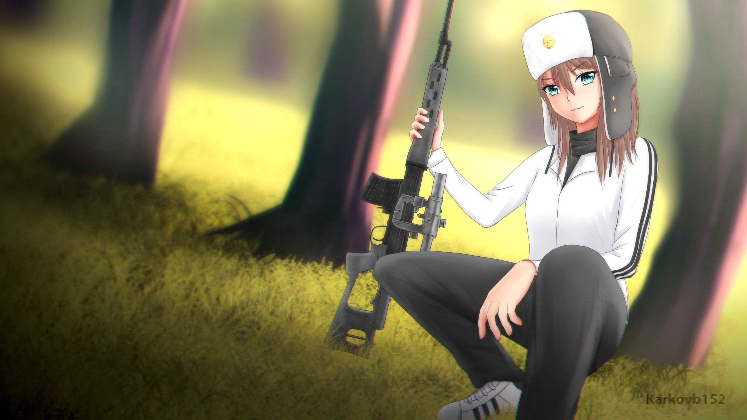 anime, Russian, Dragunov sniper rifle, weapon, forest, anime girls
