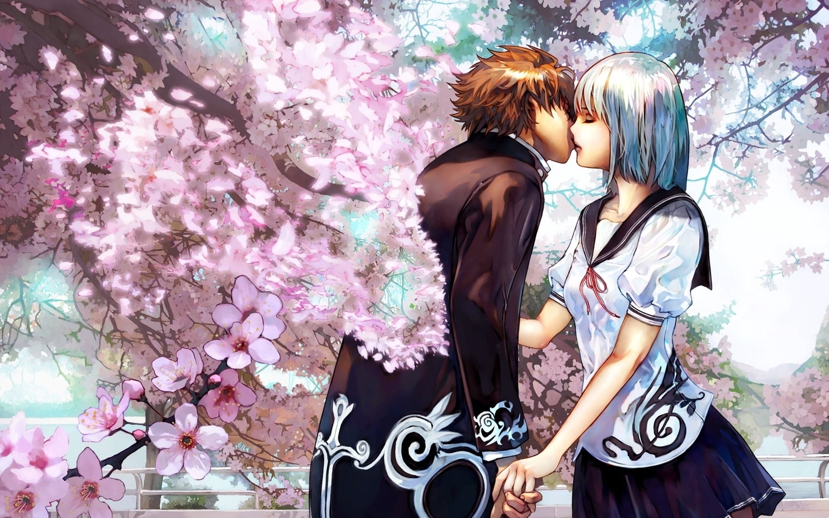 man and woman kissing under cherry blossom tree animated wallpaper
