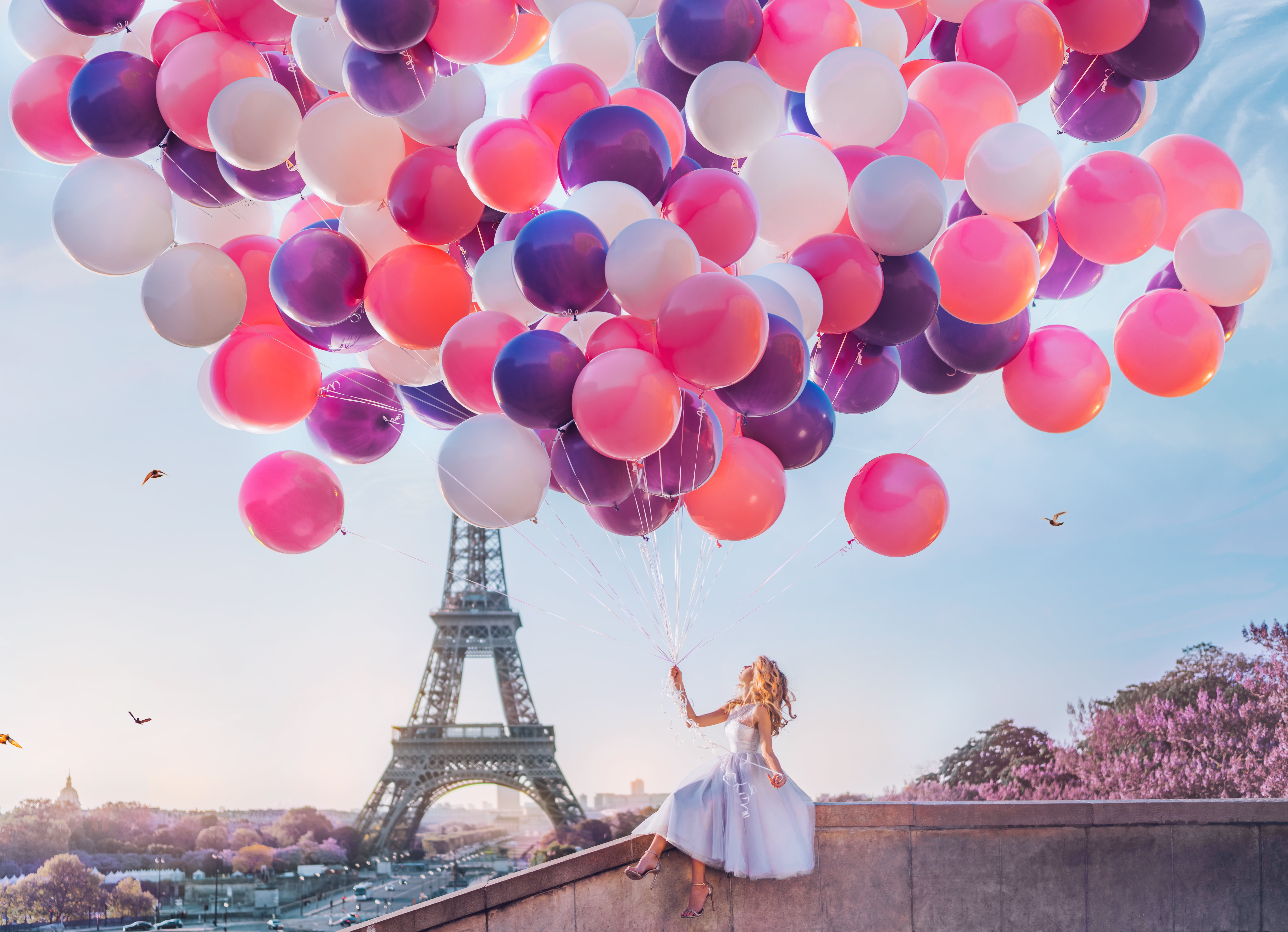 Women, Mood, Balloon, Blonde, Dress, Eiffel Tower, France, Girl