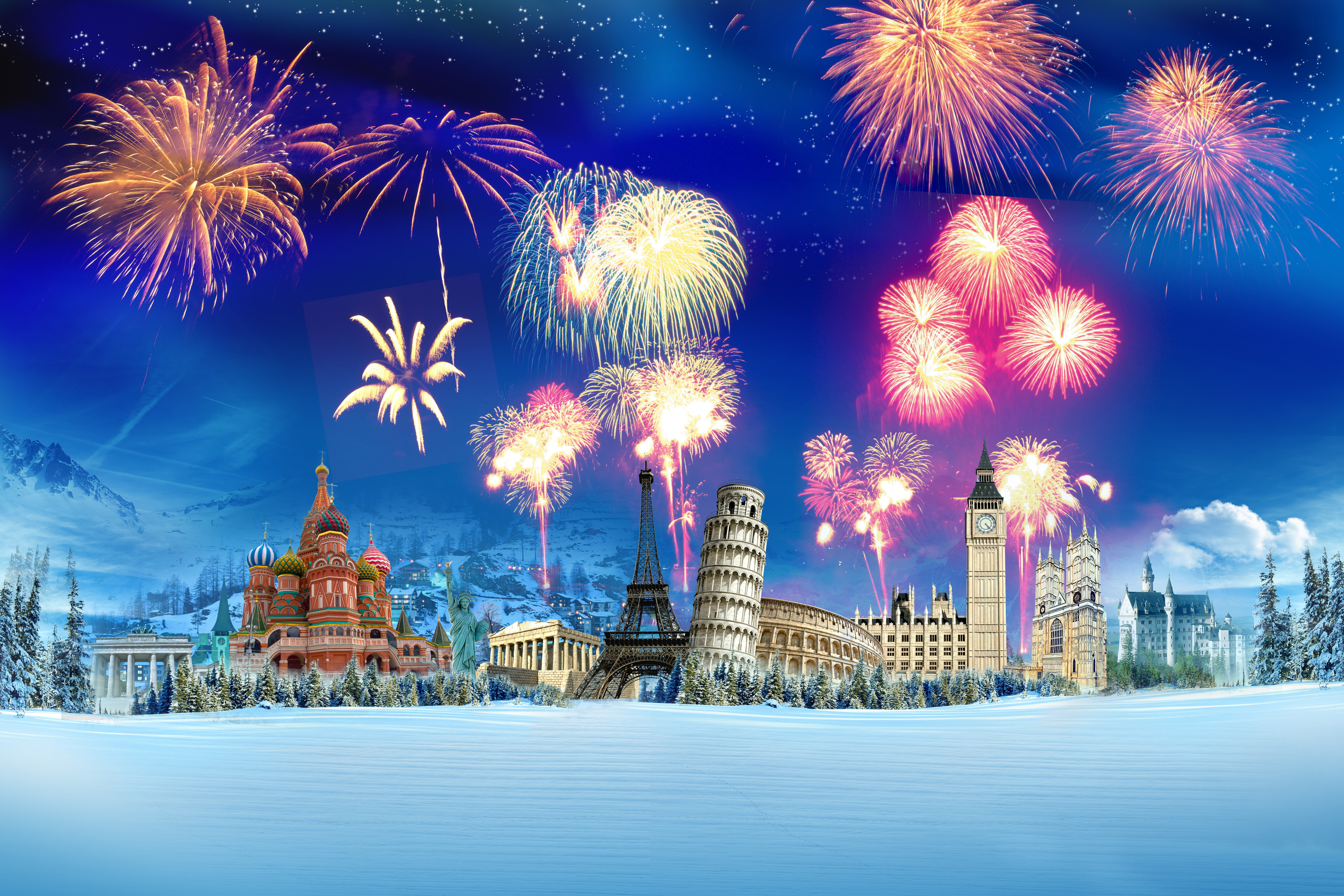 winter, snow, Eiffel tower, salute, the Kremlin, Colosseum