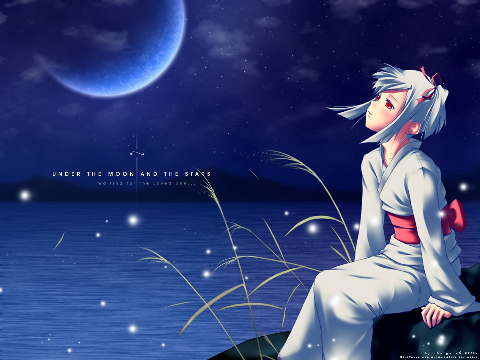 Under the Moon and the Stars anime digital wallpaper, girl, kimono