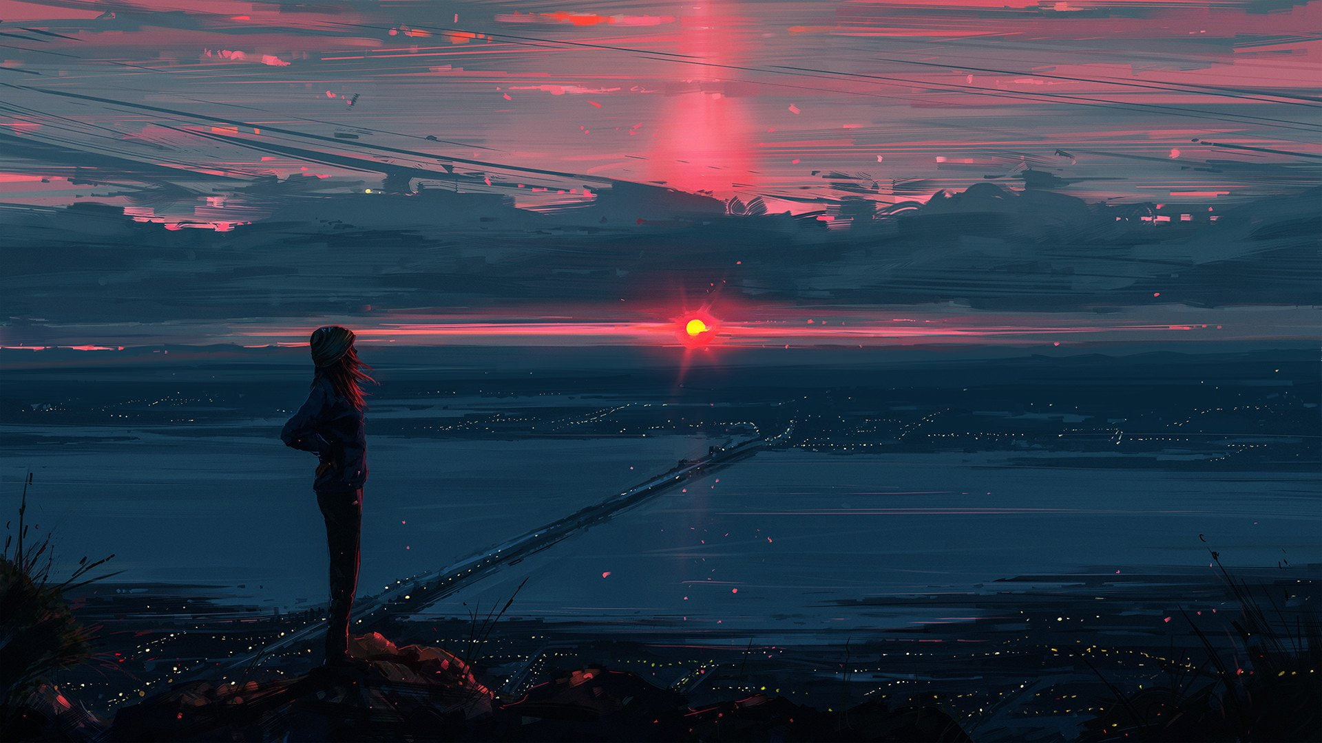 Anime, Original, Girl, Landscape, Scenery, Sky, Sunset