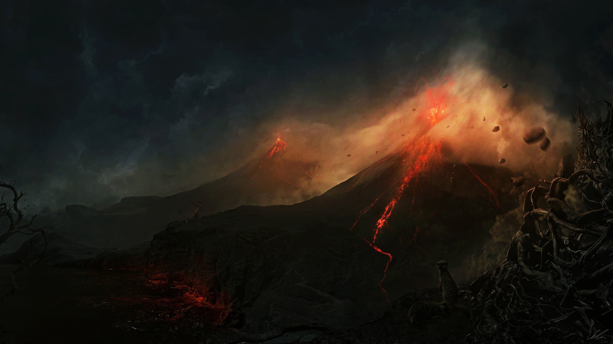 volcano painting, landscape, mountain, lava, beauty in nature
