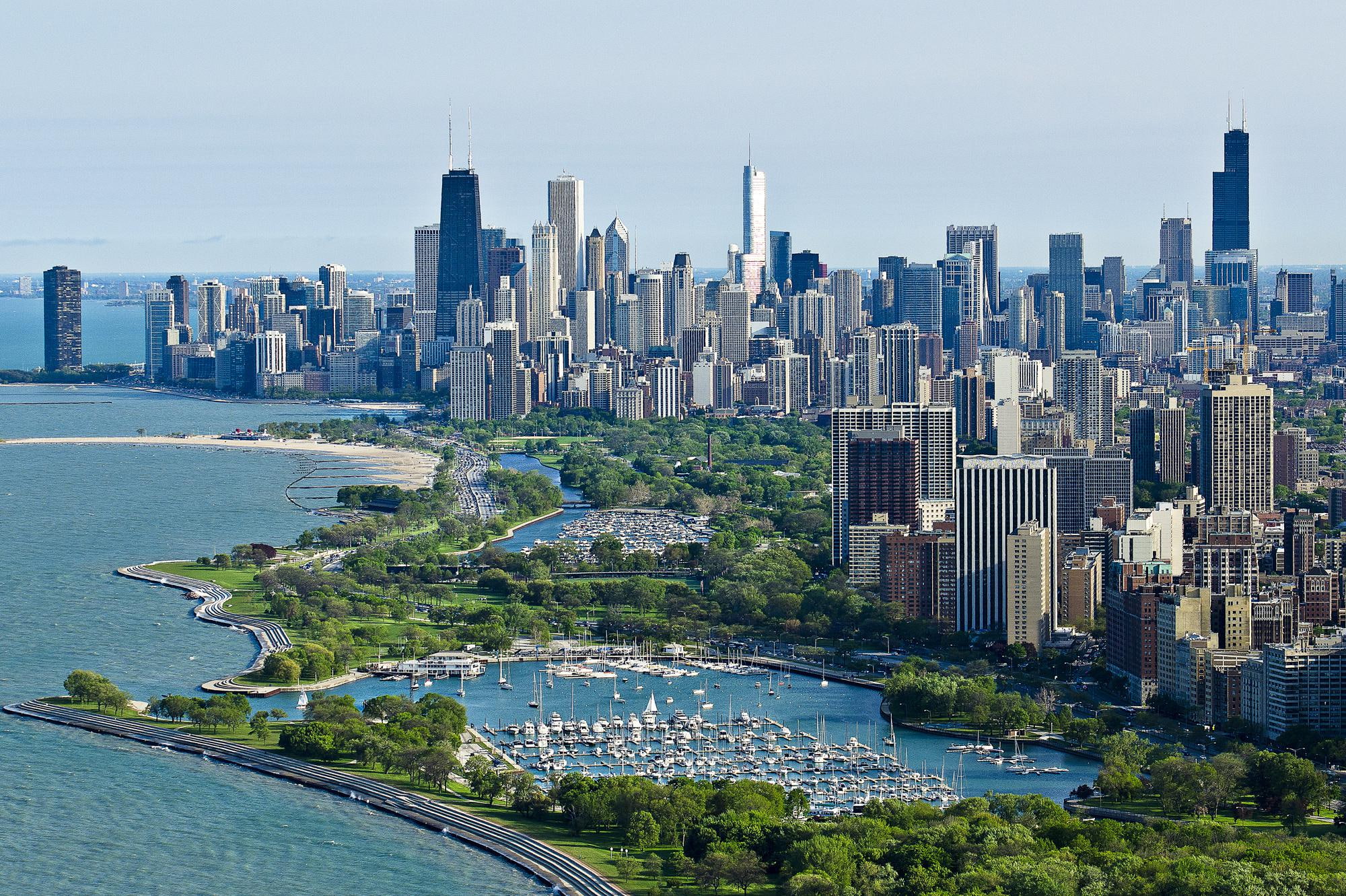 chicago, skyscrapers, top view, ocean
