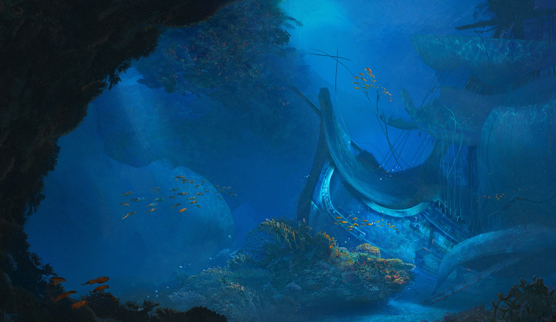 ship, shipwreck, sea, underwater, fantasy art, artwork