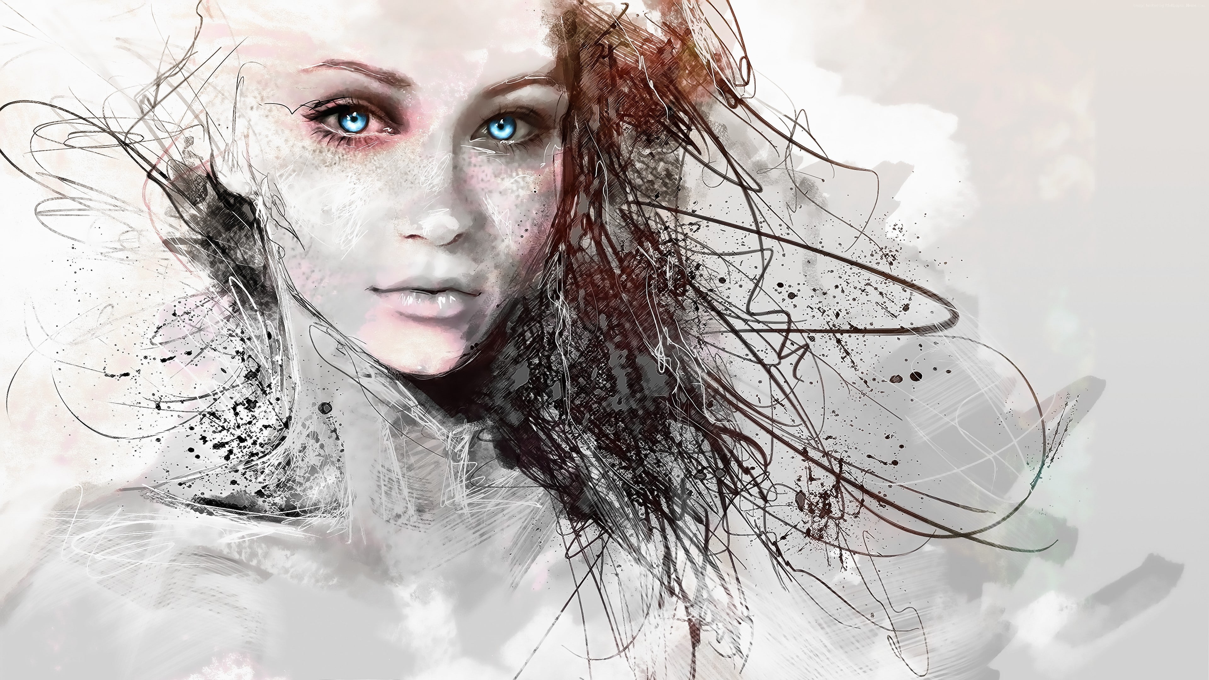 blue eyes, girl, graphics, face, beauty, drawing, eyebrow, artwork