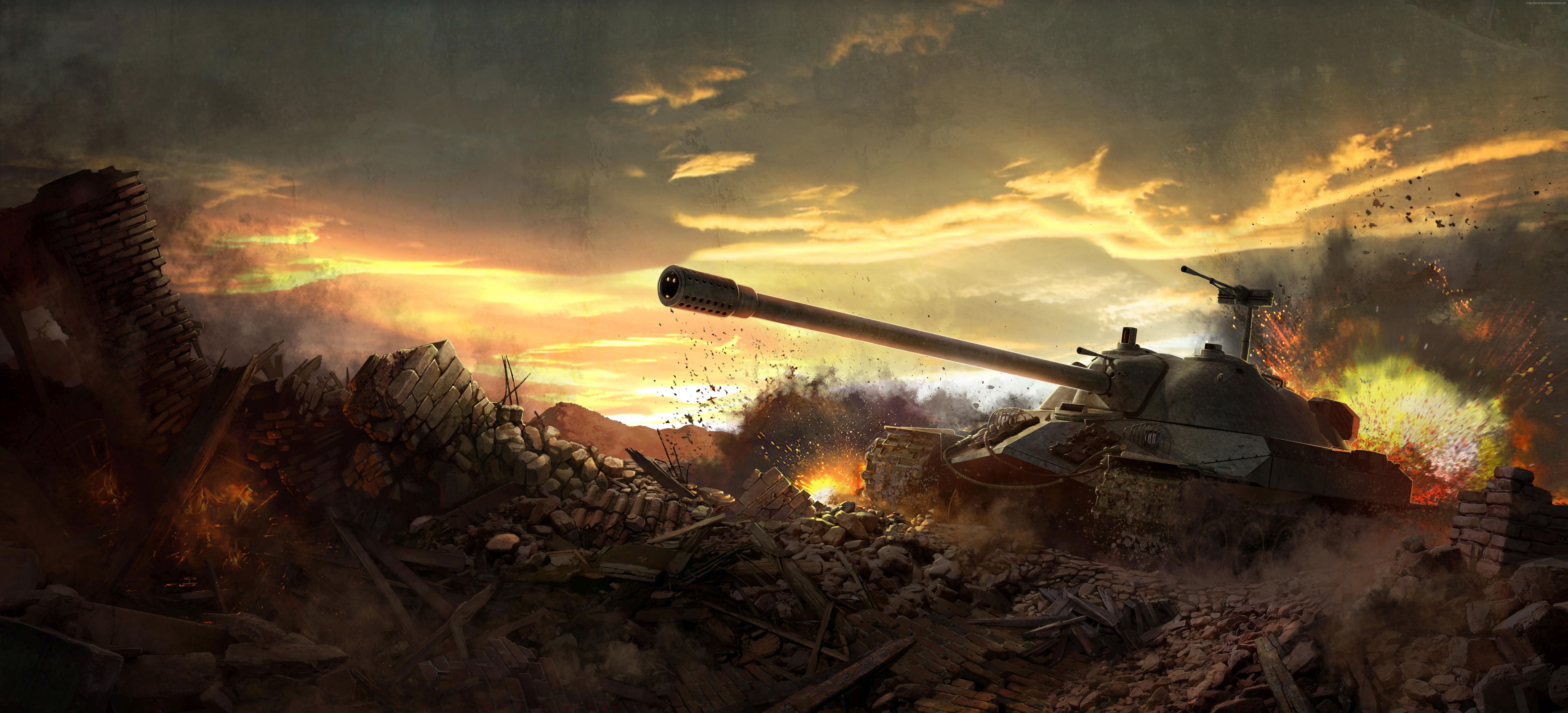 art, battlefield, 4k, clouds, sunset, IS-7, World of Tanks