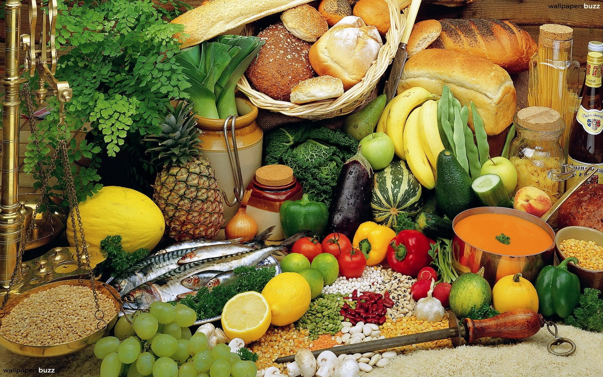 fruits and vegetables, bread, allsorts, fish, groats, food, freshness