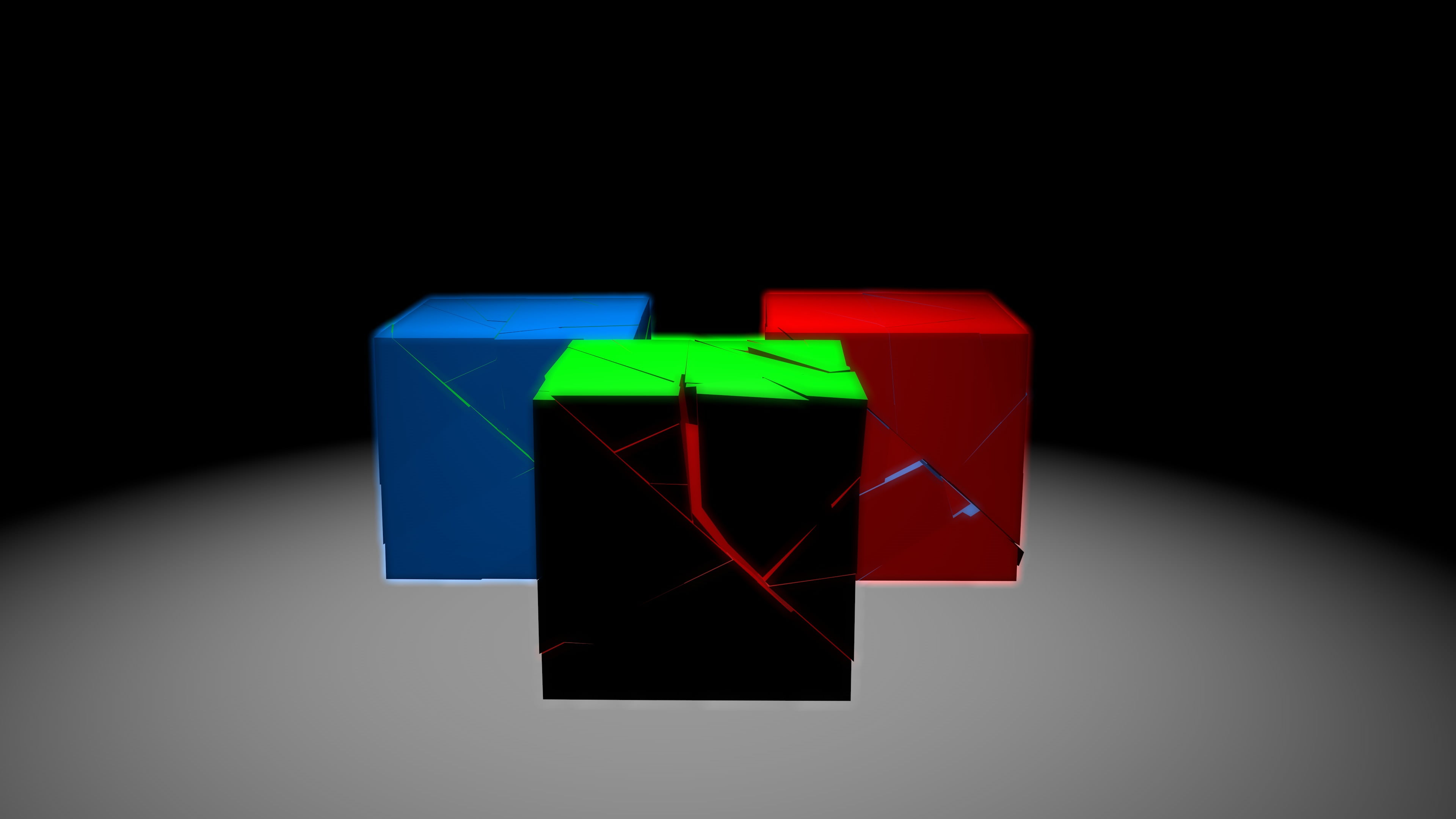 three blue, green, and red boxes digital wallpaper, cube, digital art