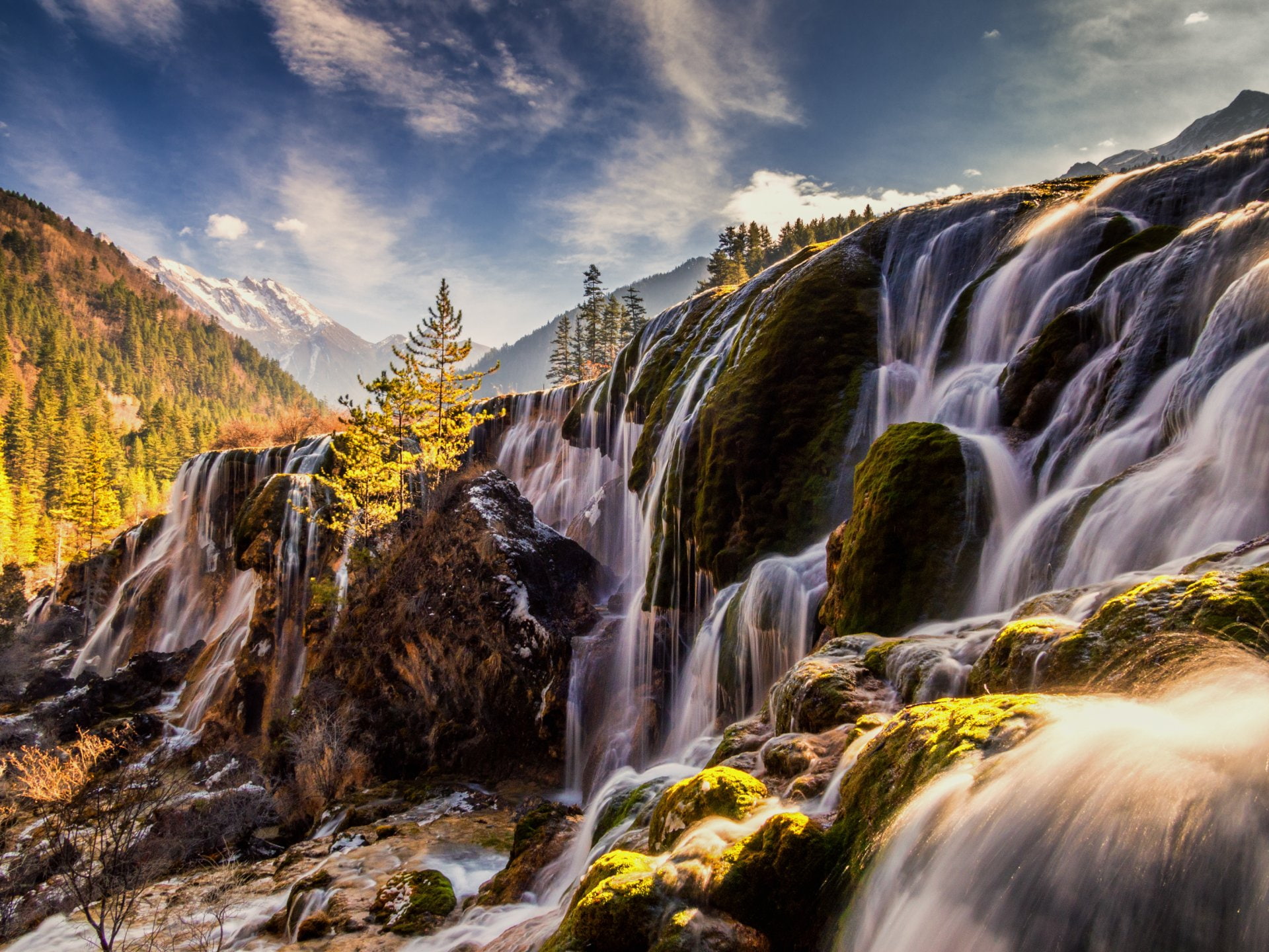 Waterfalls, China, Jiuzhaigou Park, Landscape, Mountain, Pearl Shoal Falls