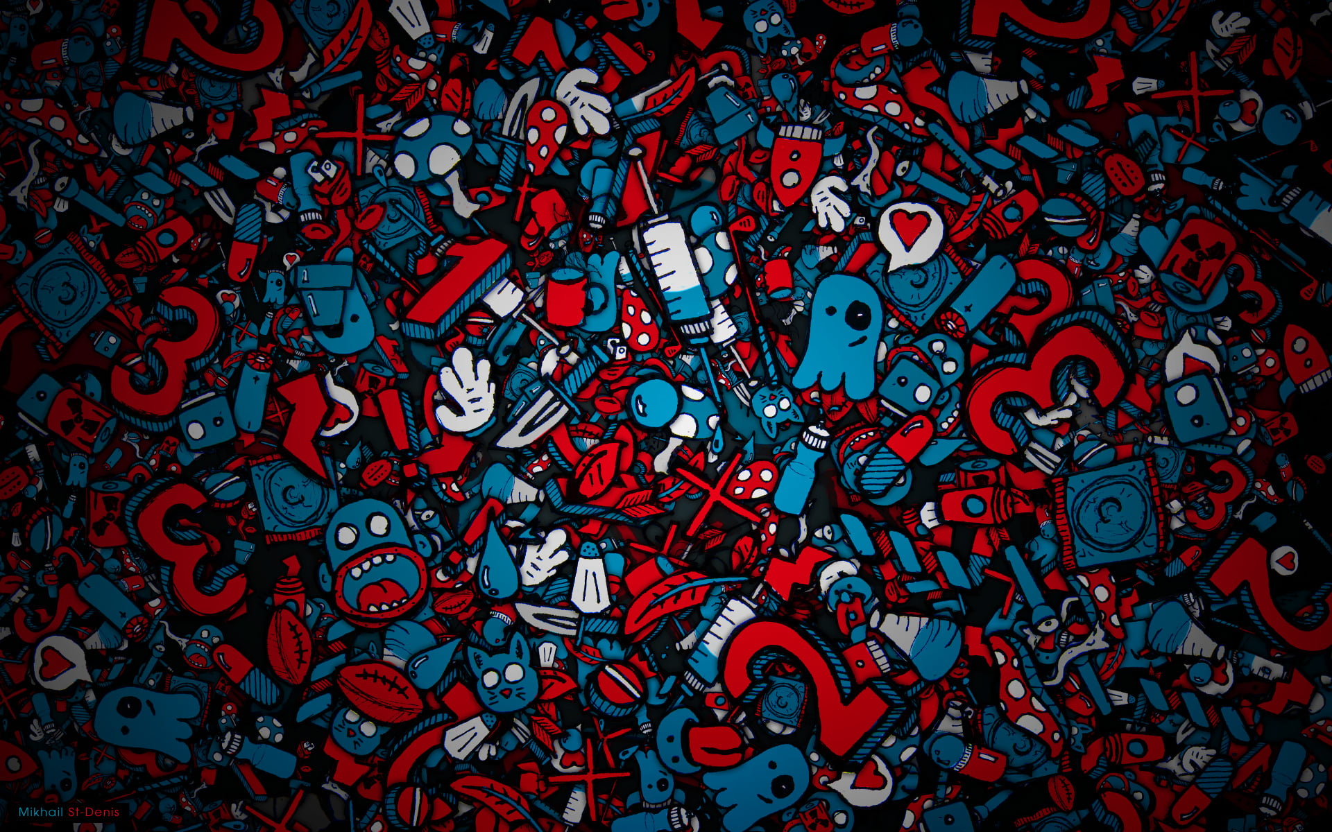 blue and red monsters illustration, Faces, Syringe, Piling up