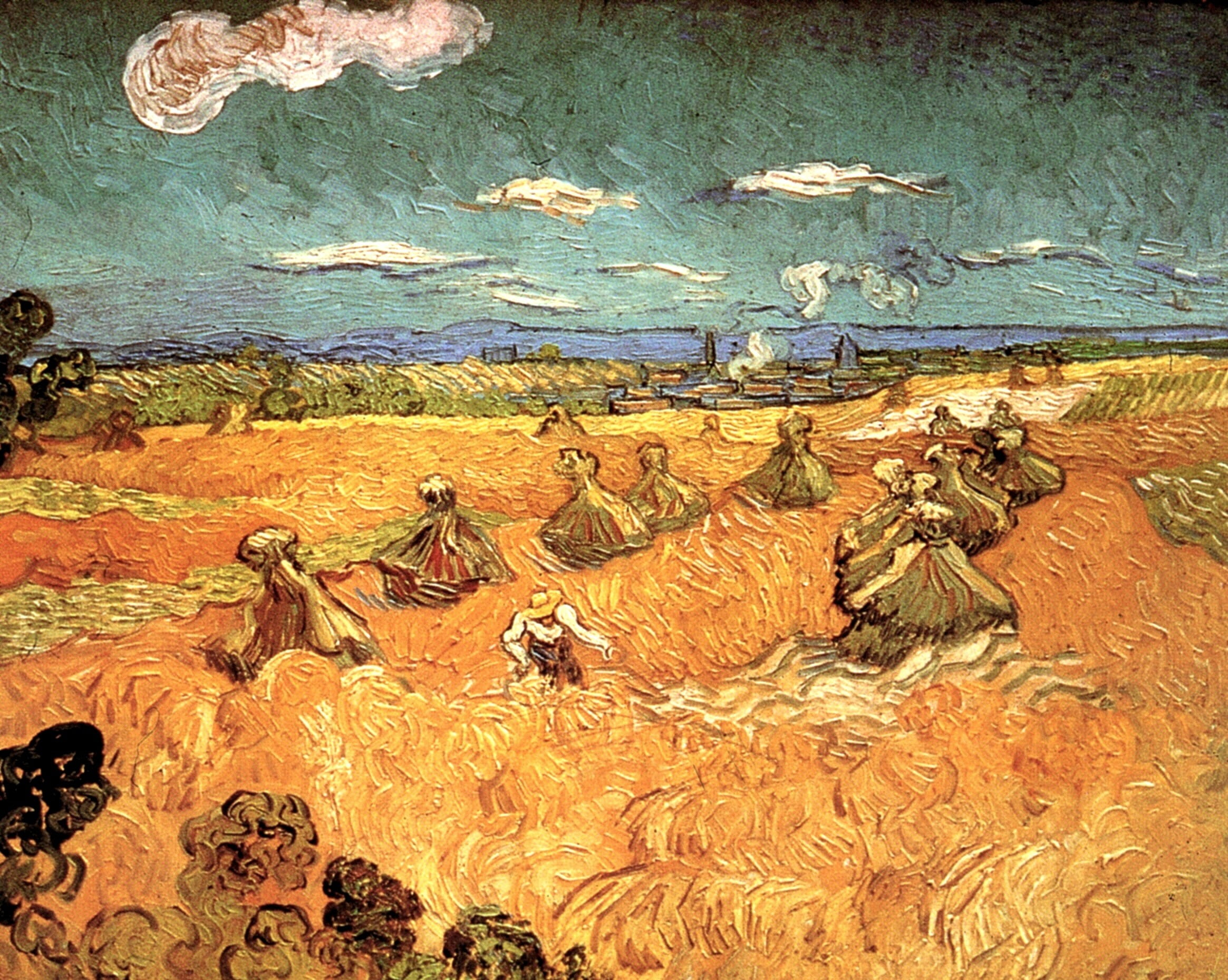 workers, field, plants, landscape, Vincent van Gogh, artwork