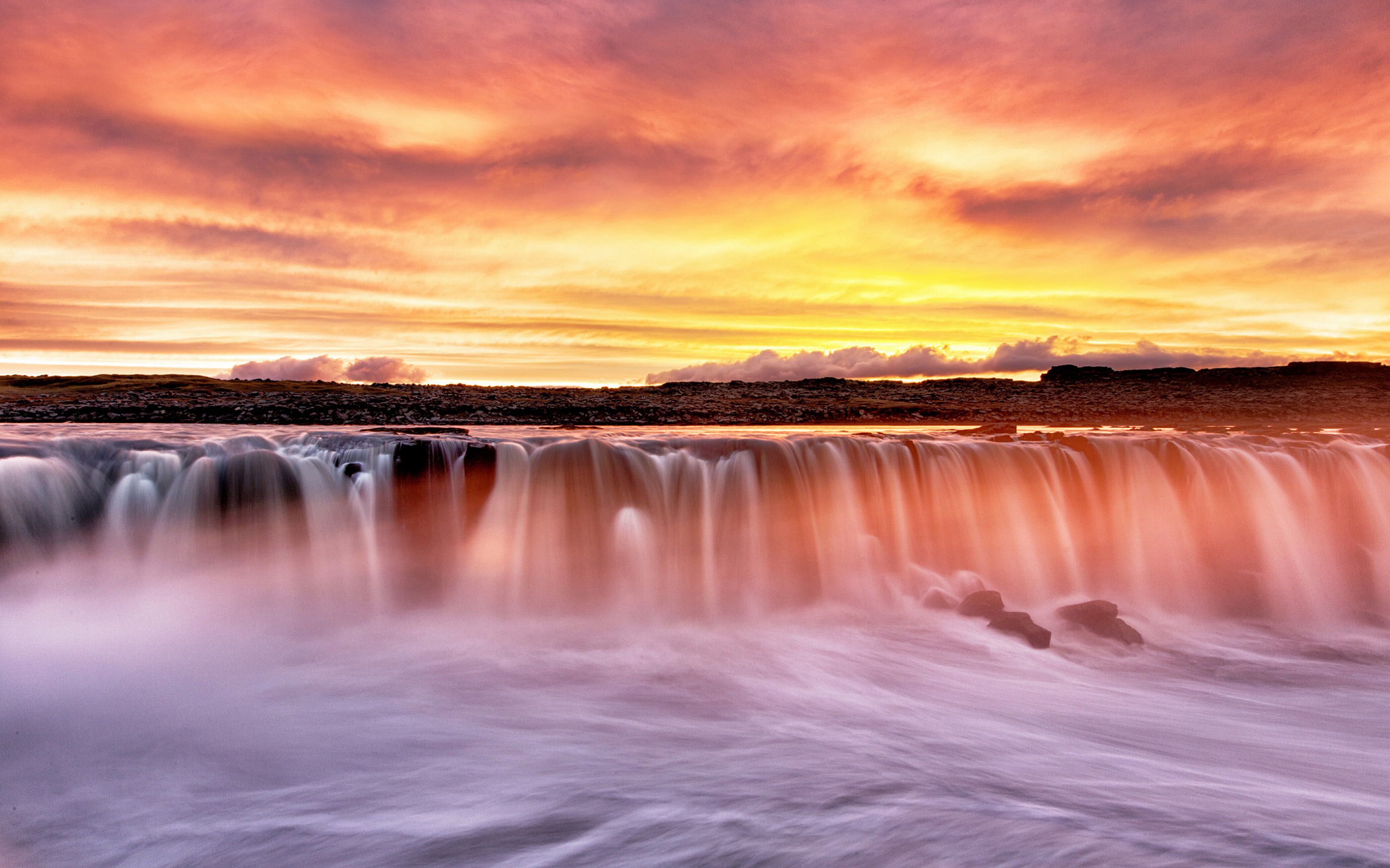 Selfoss Waterfall On The River Jökulsá á Fjöllum In The North Of Iceland 30 Km Long Arctic Sea Sunset Landscape Nature Wallpaper For Desktop 3840×2400