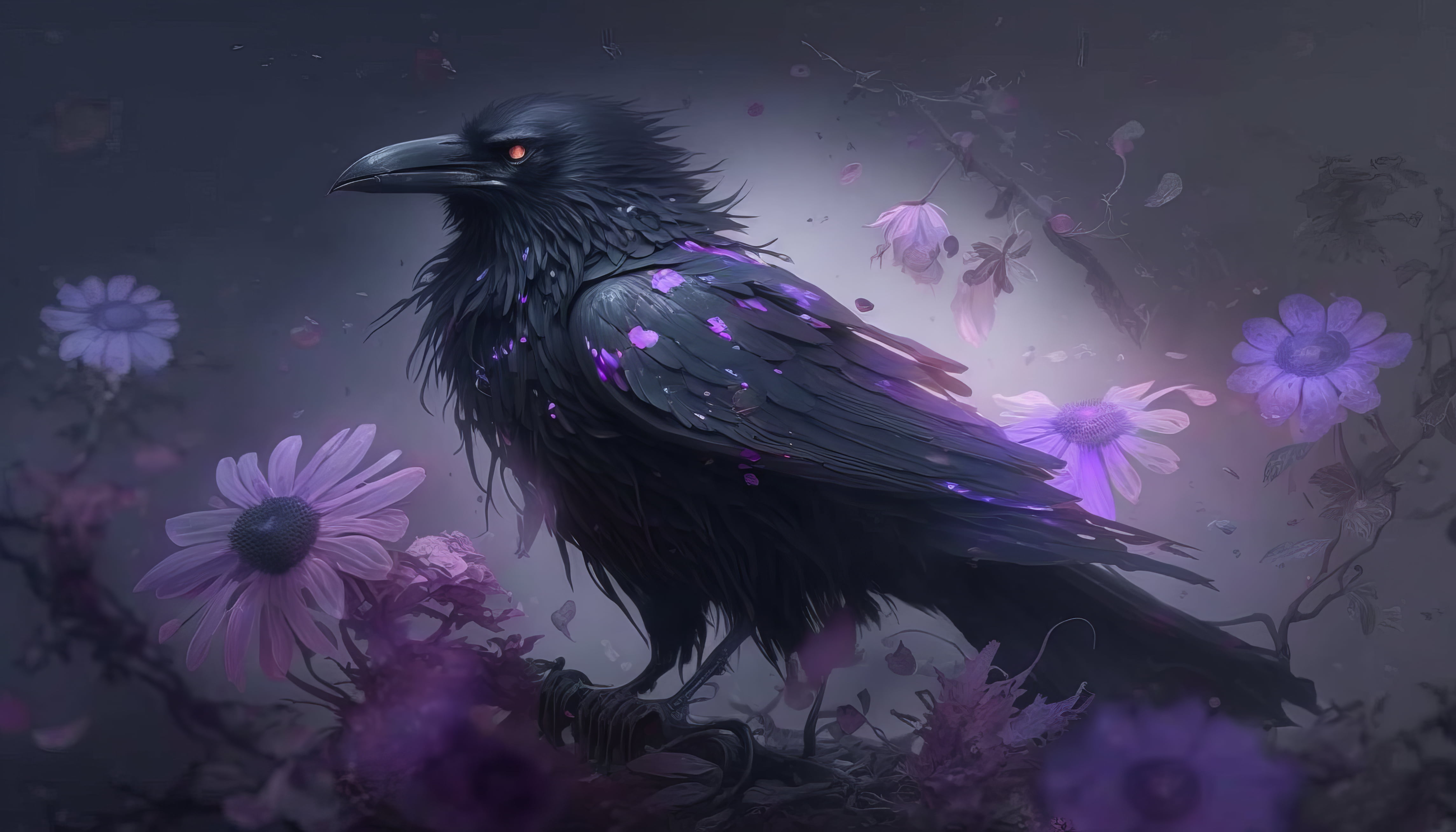 AI art, illustration, birds, animals, raven, purple, flowers