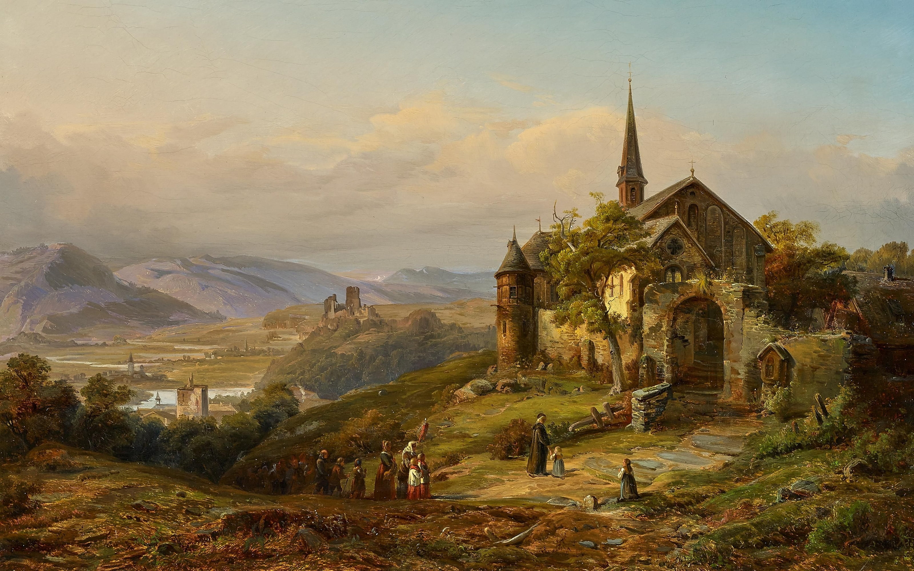 German painter, oil on canvas, Peter Joseph Minjon, Romantic Rhine Landscape