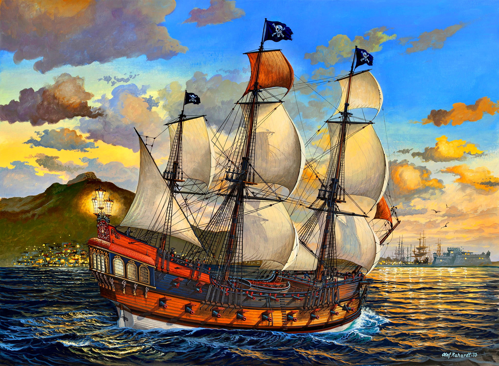 sea, figure, ship, sails, pirates, Jolly Roger, Sailing