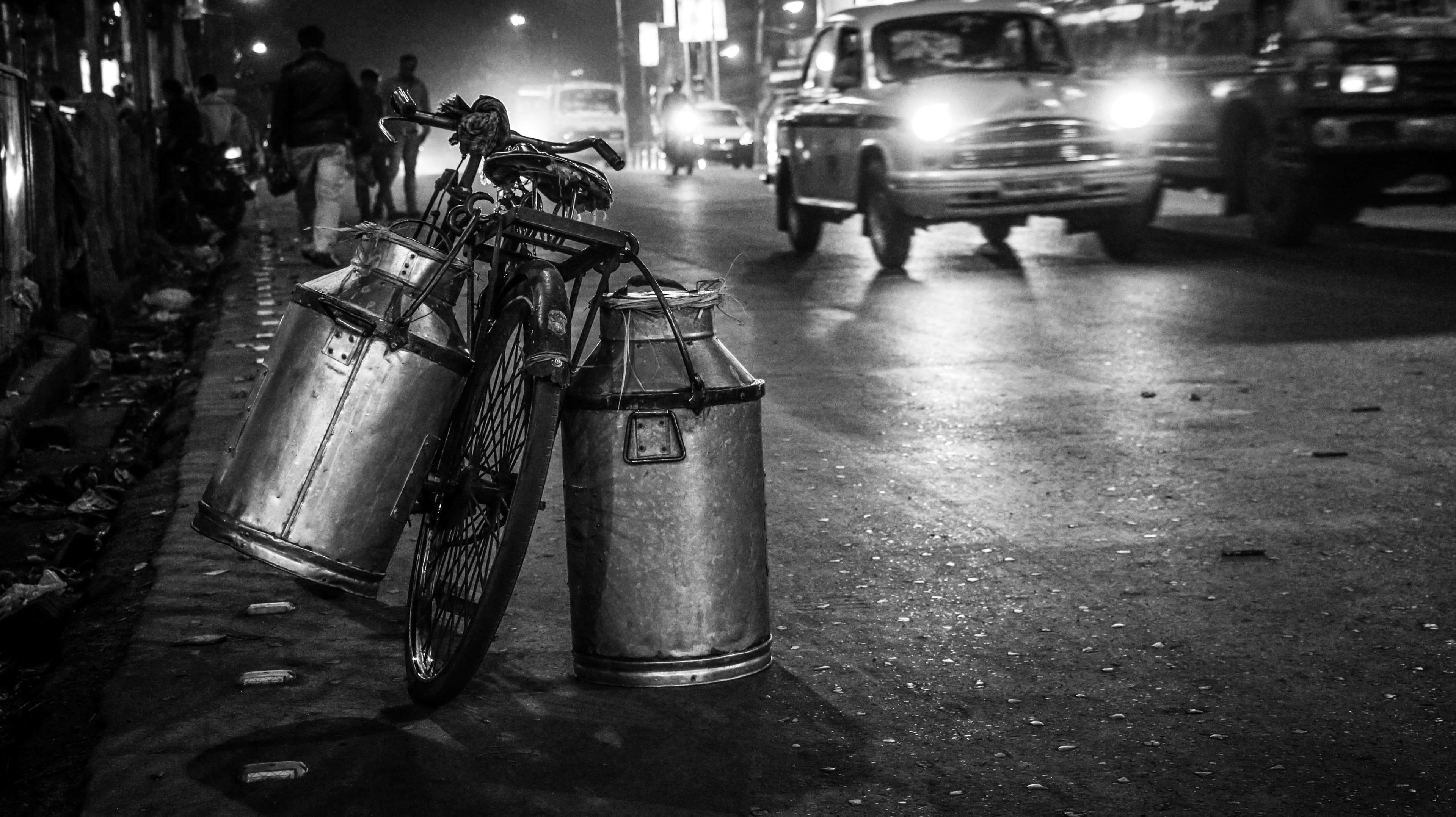 bicycle, black and white, india, kolkata, light, milk cans
