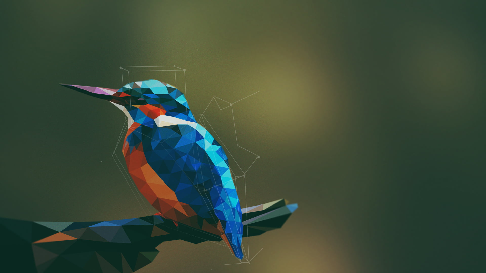 blue and orange bird cubism painting, hummingbird illustration