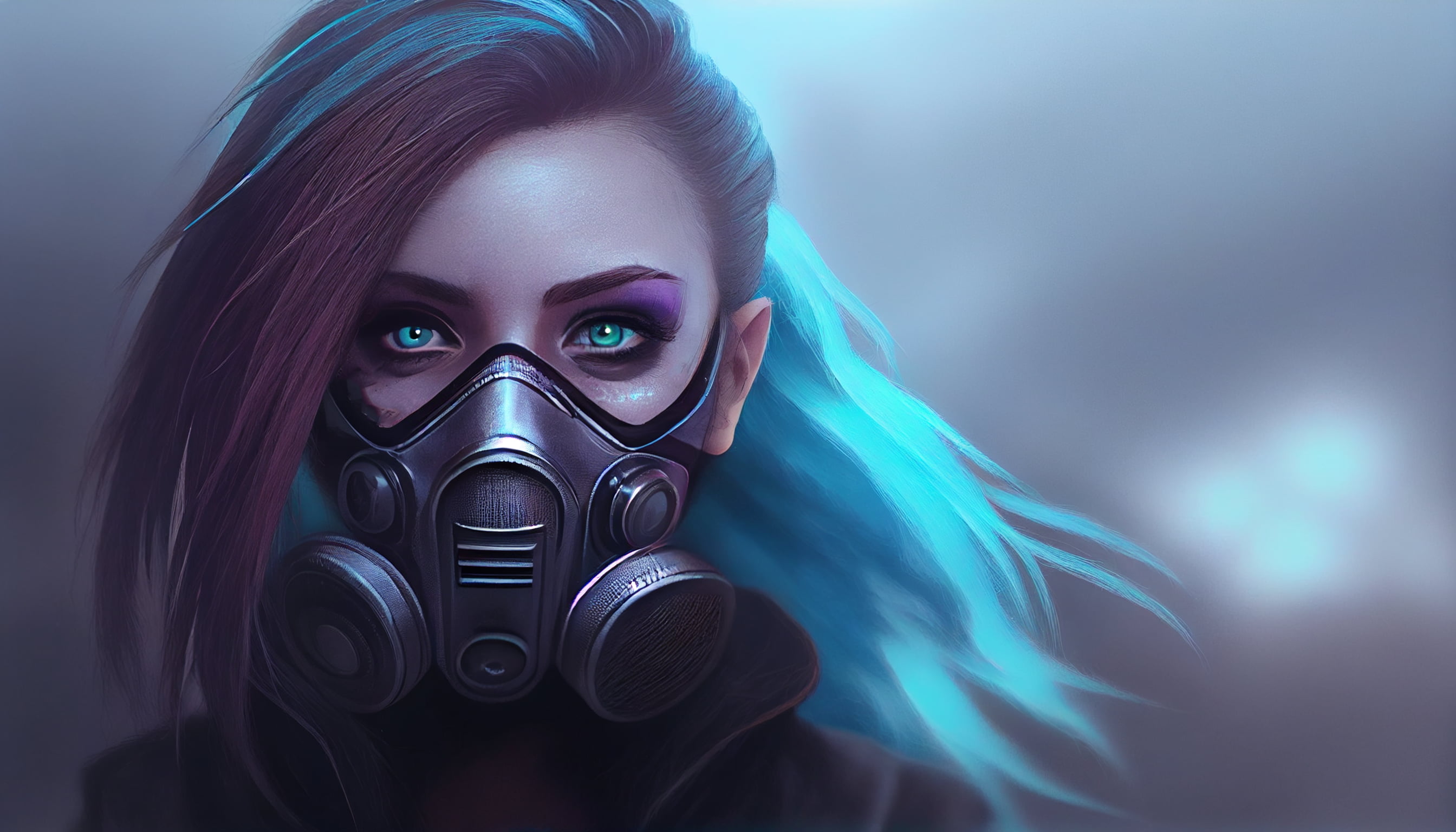 AI art, women, illustration, gas masks, blue hair, cyberpunk