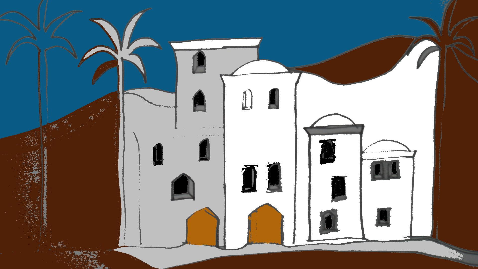 Desert Hotel, painting of white and grey building, seasons, wind