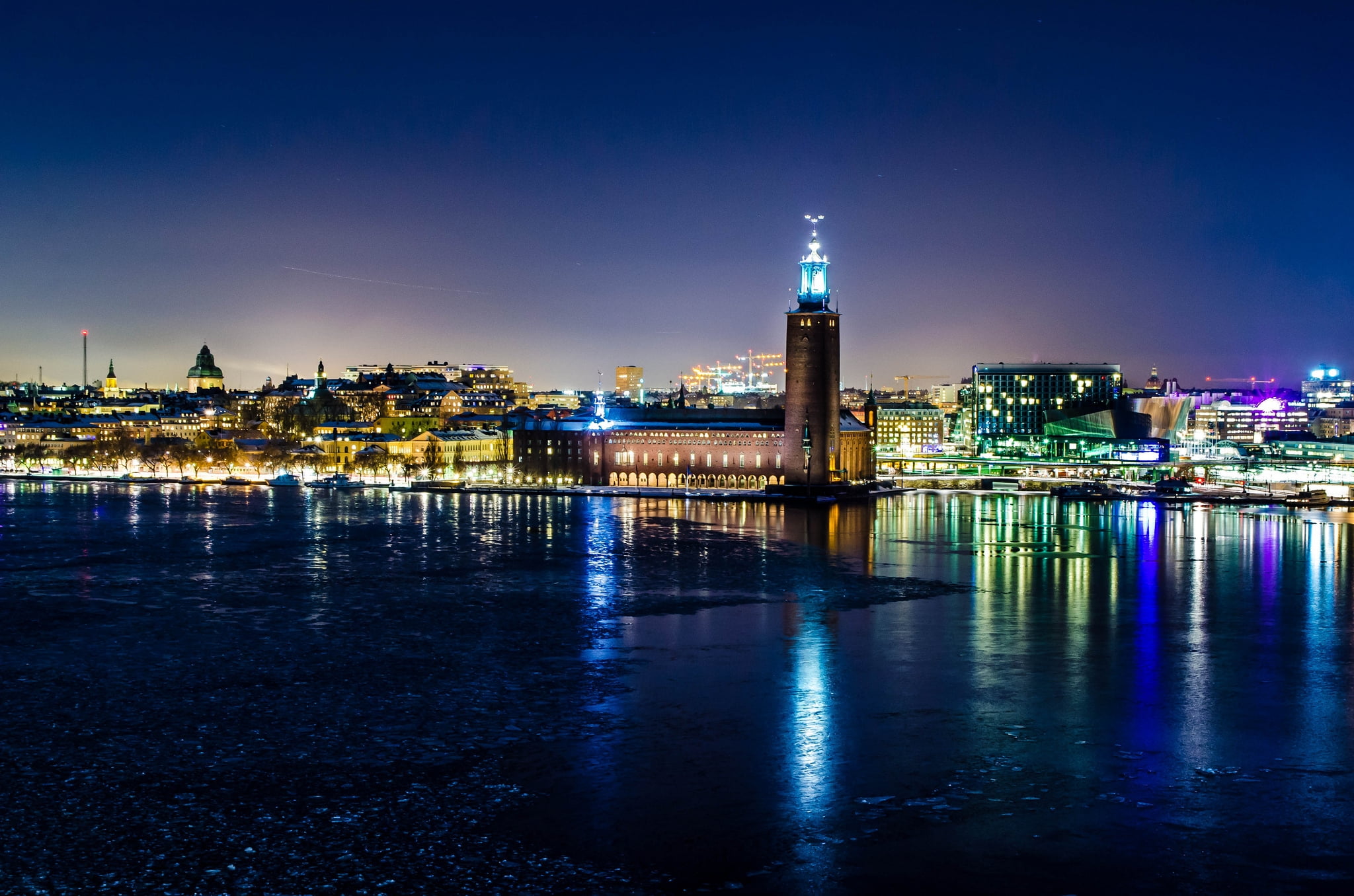 body of water, sweden, stockholm, winter, night, city hall, lights