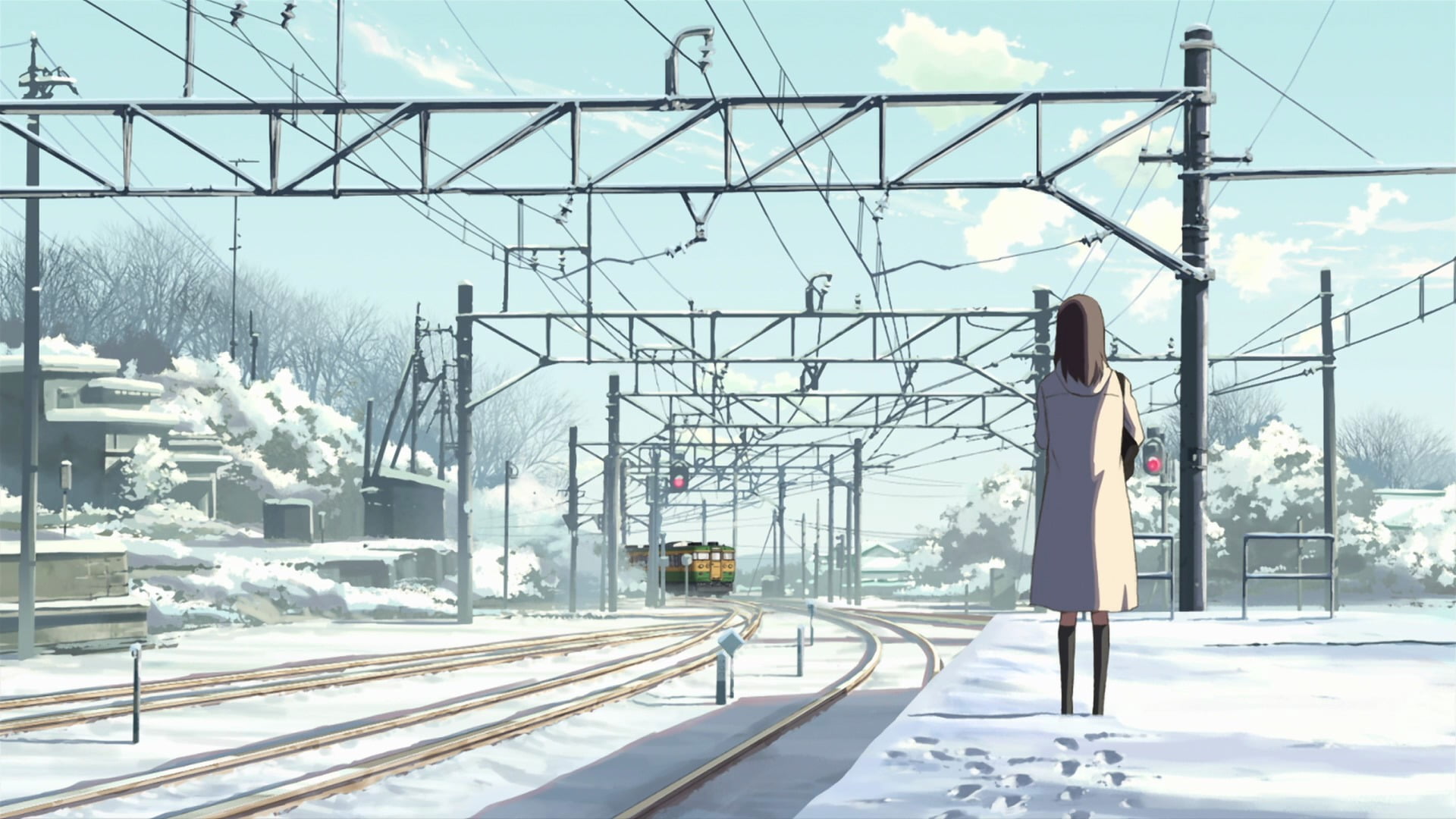 female cartoon character on train station illustration, Makoto Shinkai