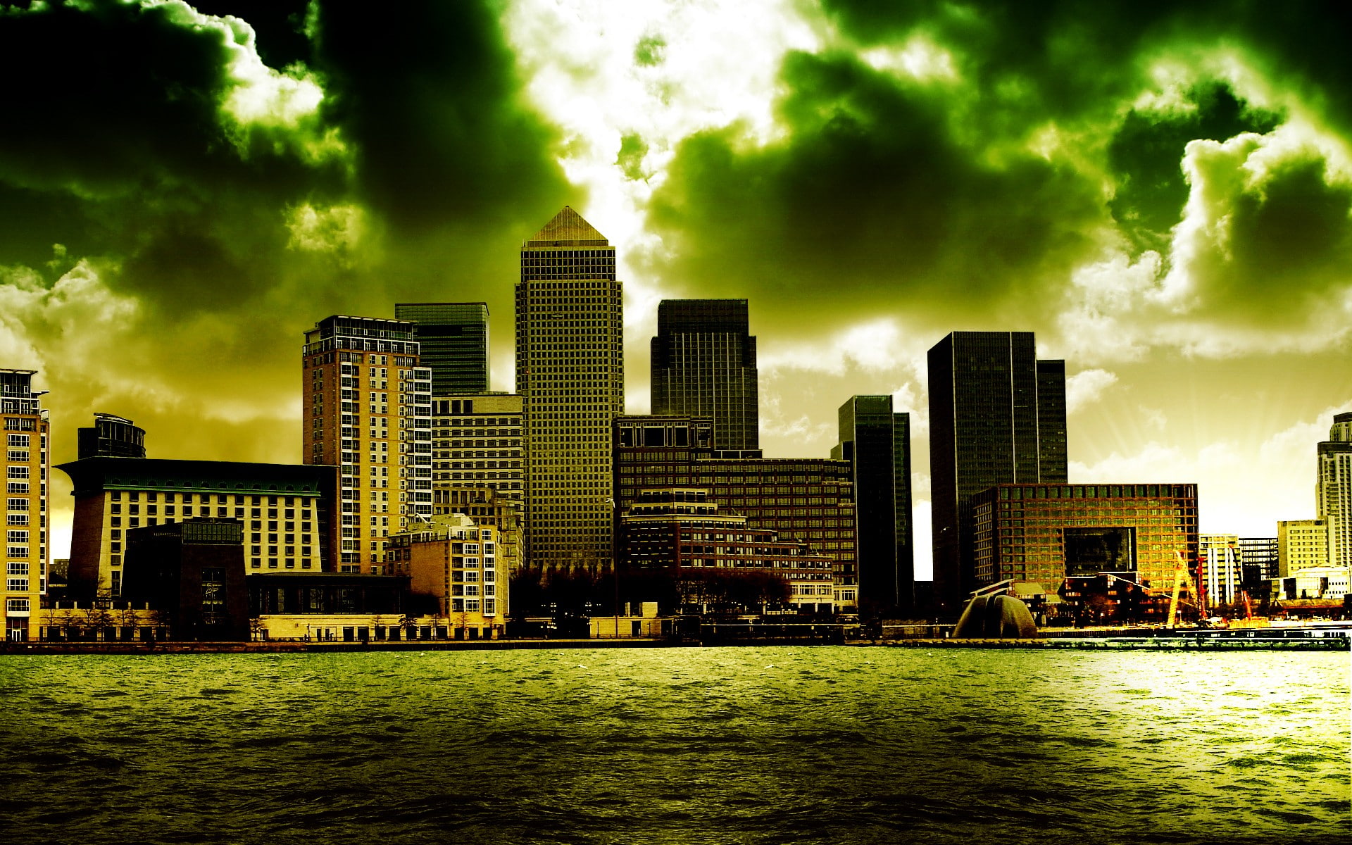cityscape, clouds, digital art, London, canary wharf