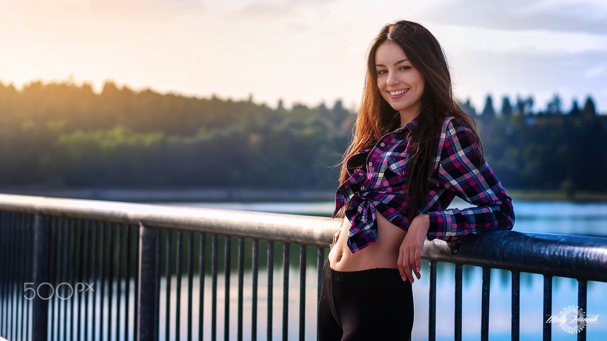 brunette, plaid shirt, Maty Hanák, open shirt, depth of field