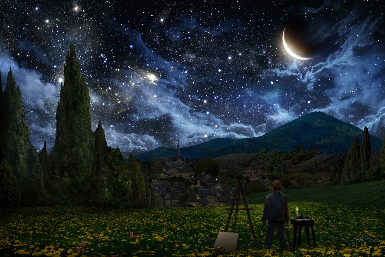 man beside canvas with view of flower field under starry sky painting