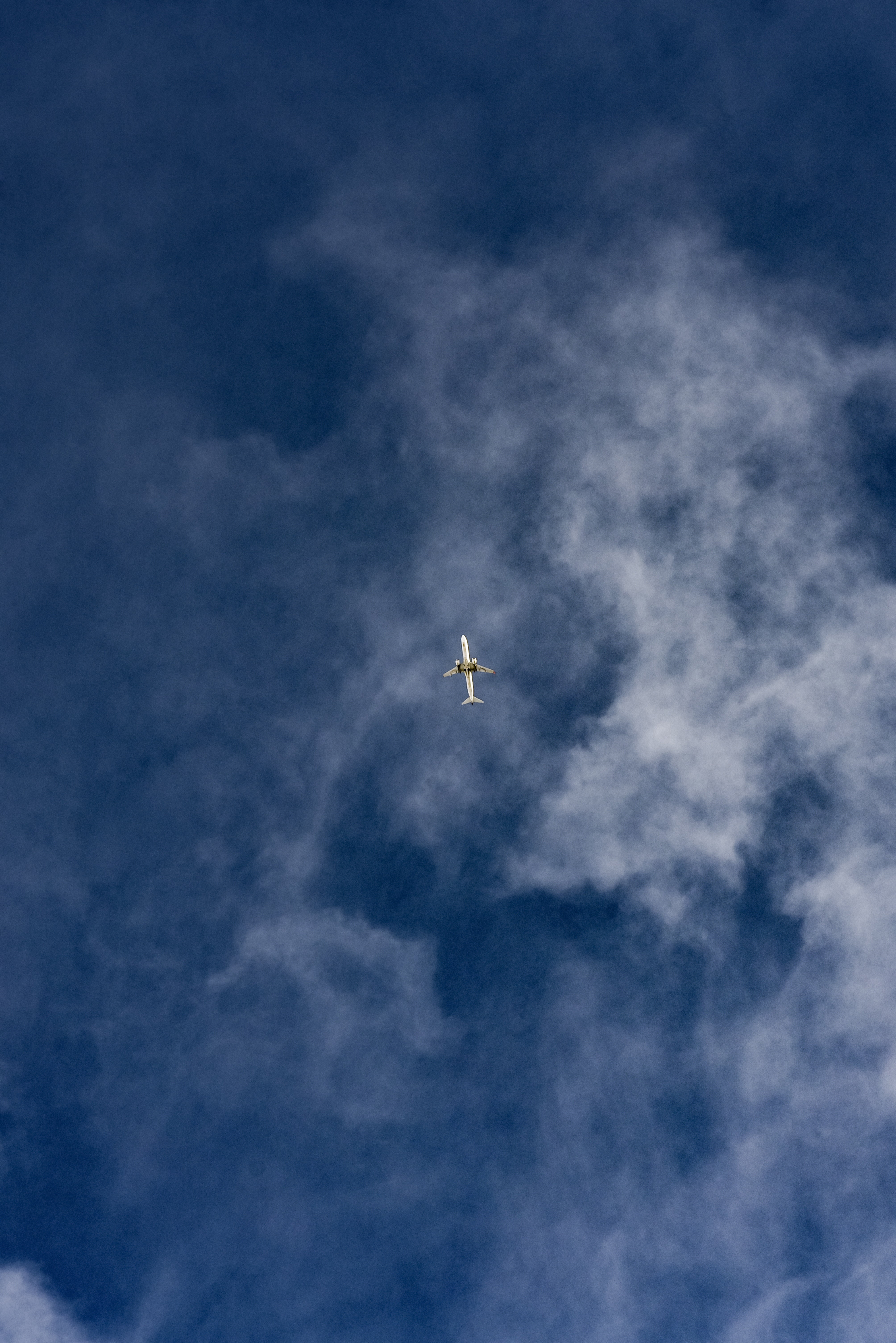 white airplane, sky, flight, clouds, bottom view, flying, air Vehicle