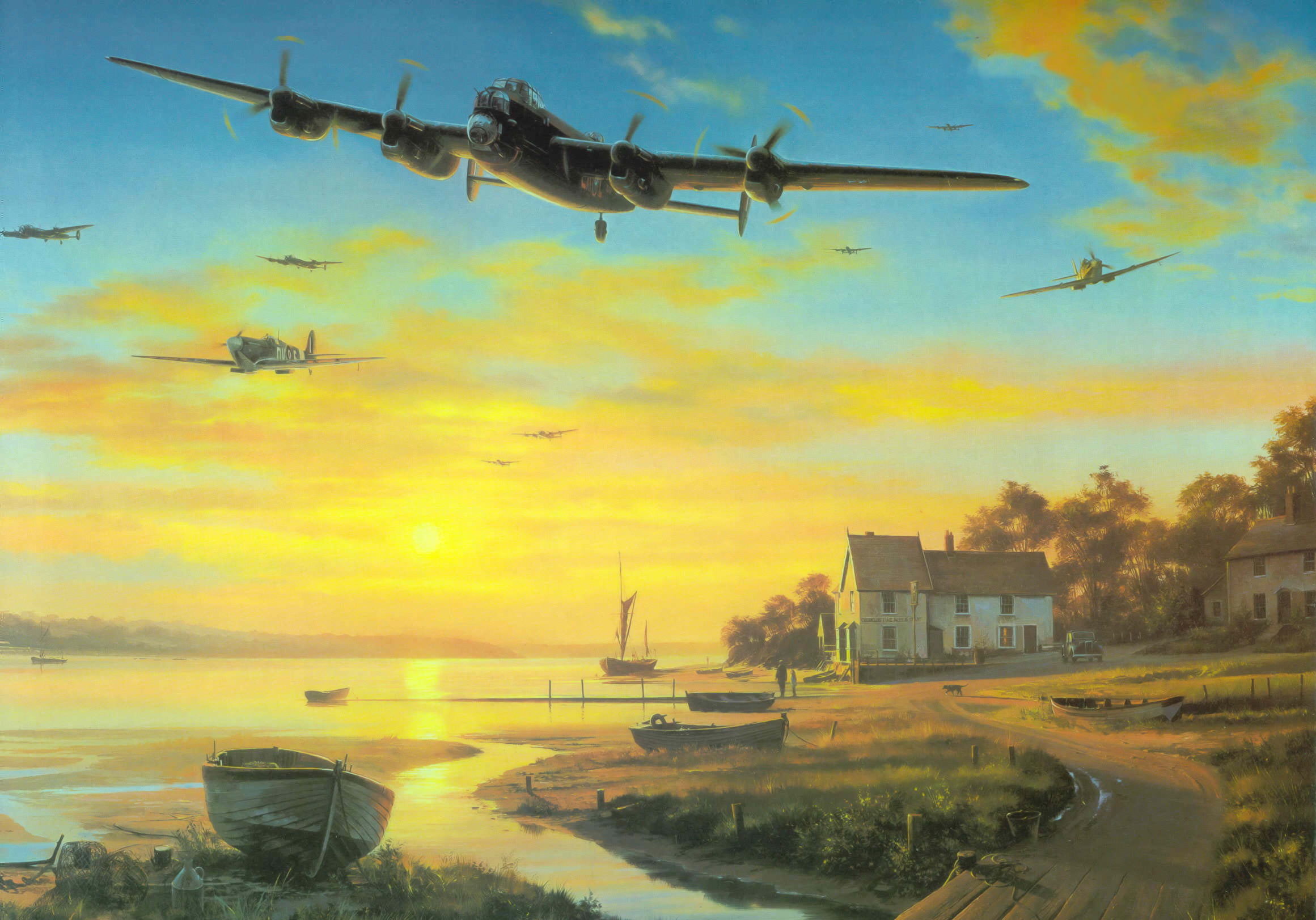 war, airplane, painting, ww2, Avro Lancaster, british bomber