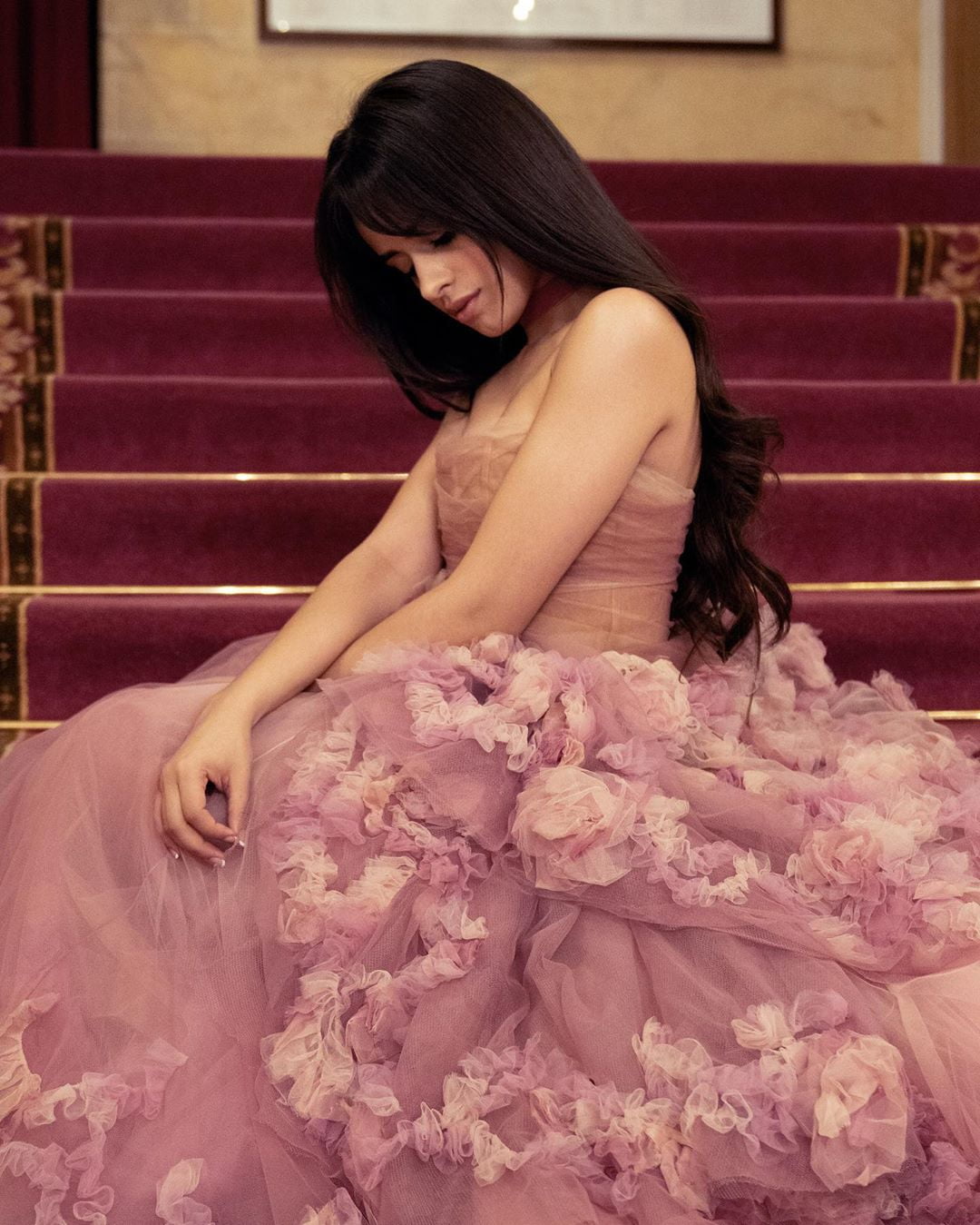 Camila Cabello, women, singer, cuban, brunette, long hair, pink dress