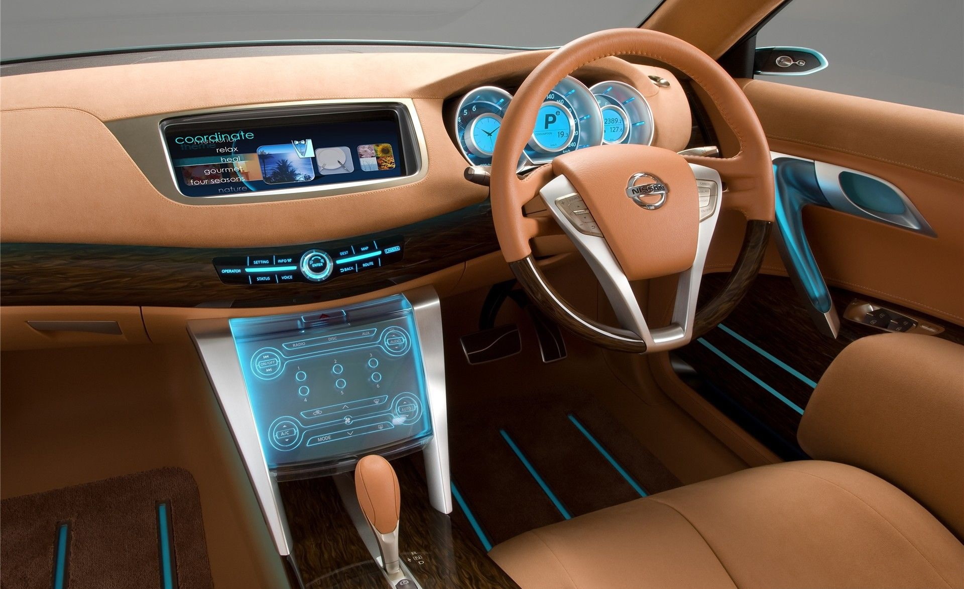 Car Interior 107, beige and grey Nissan multifunction steering wheel