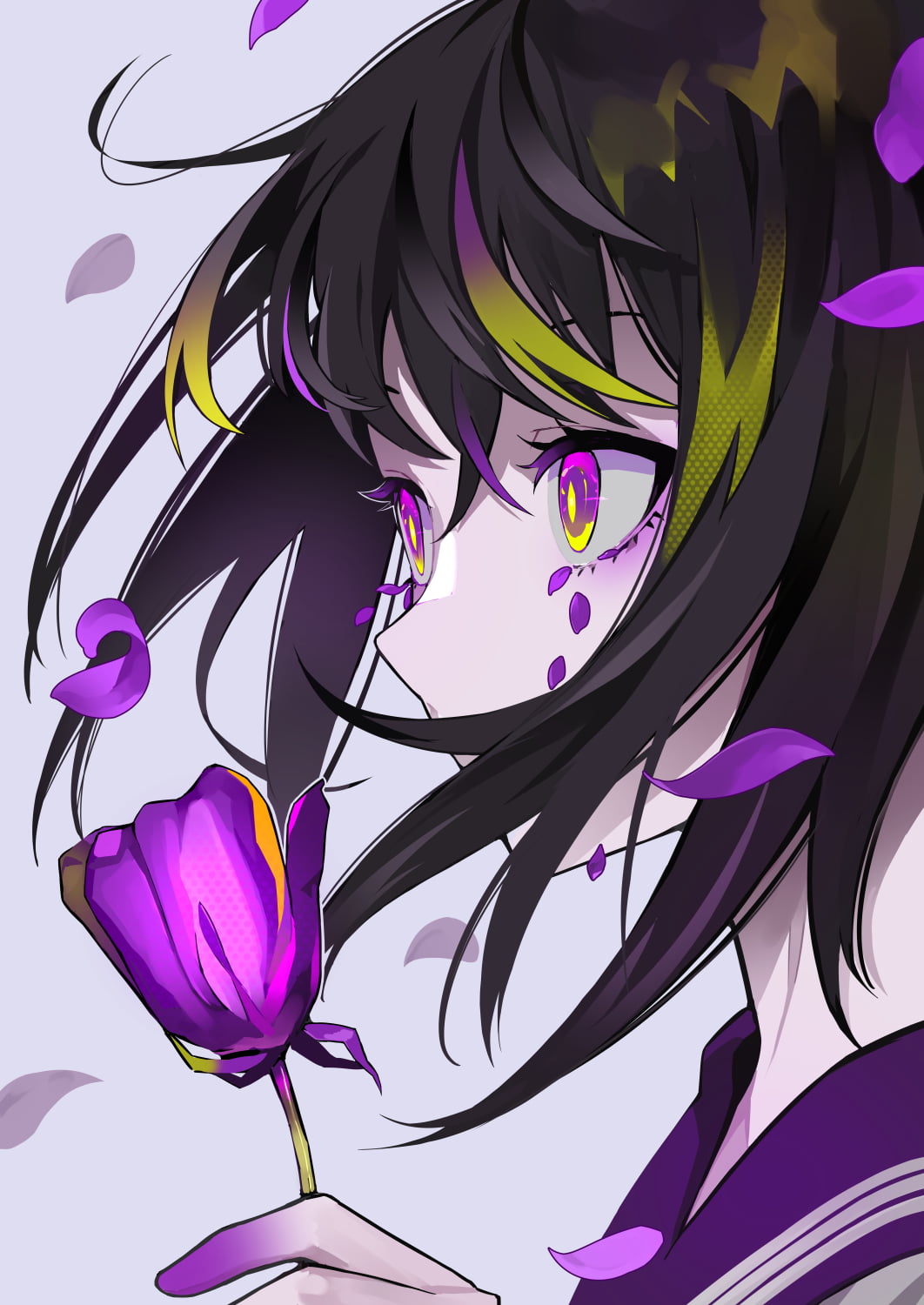 anime girls, original characters, dark hair, purple eyes, flowers