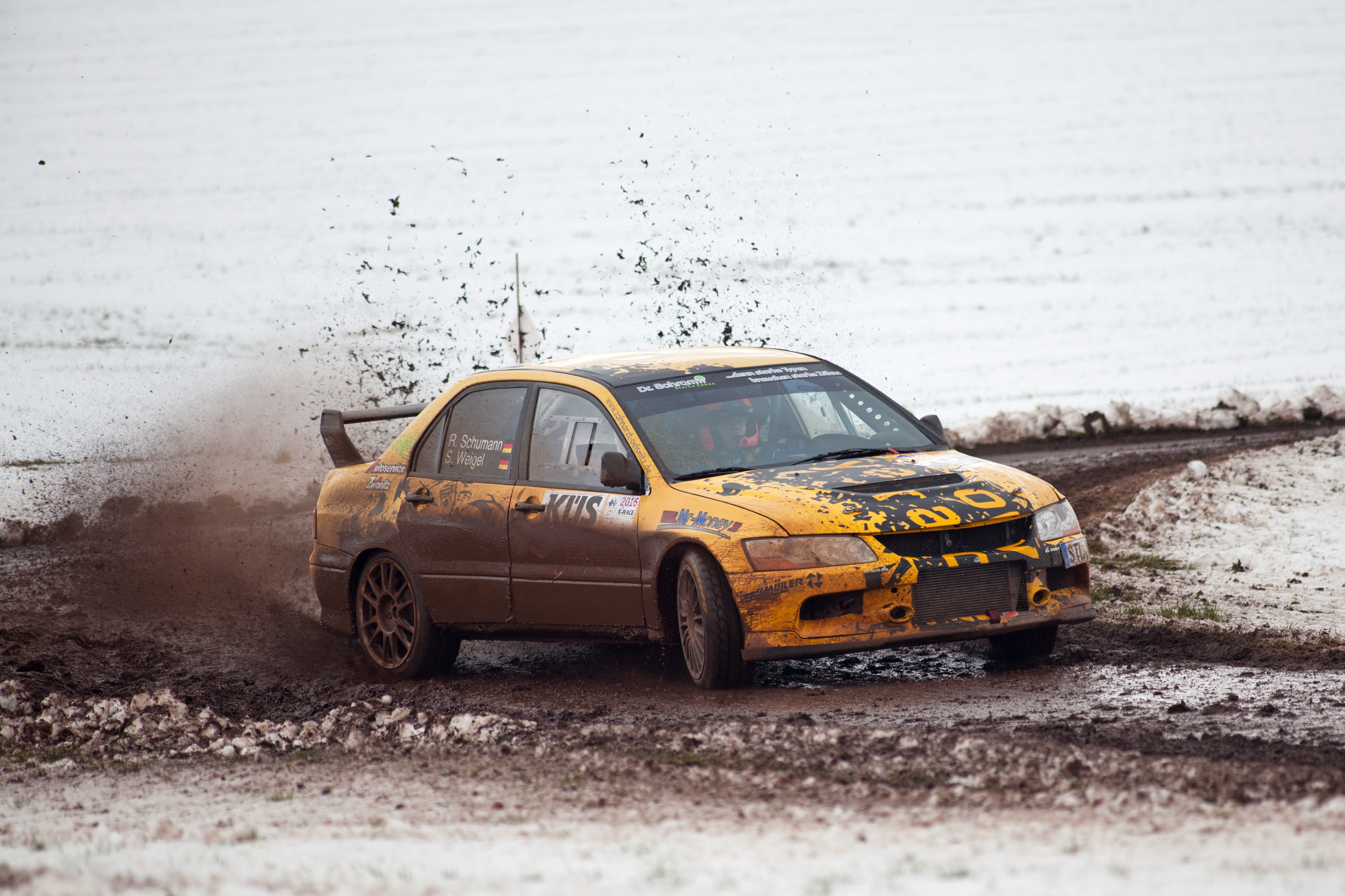 car, Mitsubishi Lancer EVO, mud, dirt, yellow cars, race cars