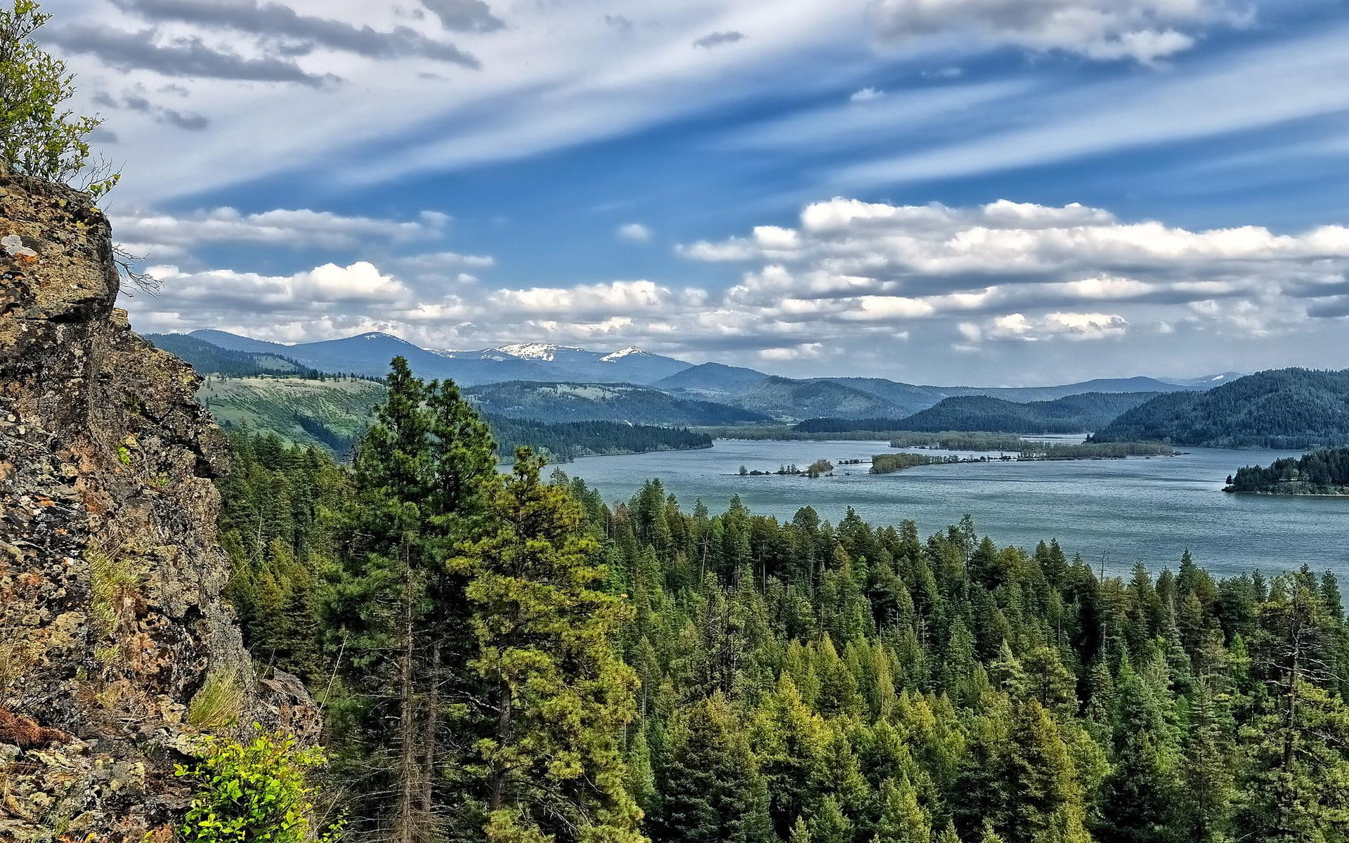 Lake Coeur Dalene Nature Landscapes Mountains Trees Forest Sky Clouds Scenic Cliff High Resolution Images, pine forest