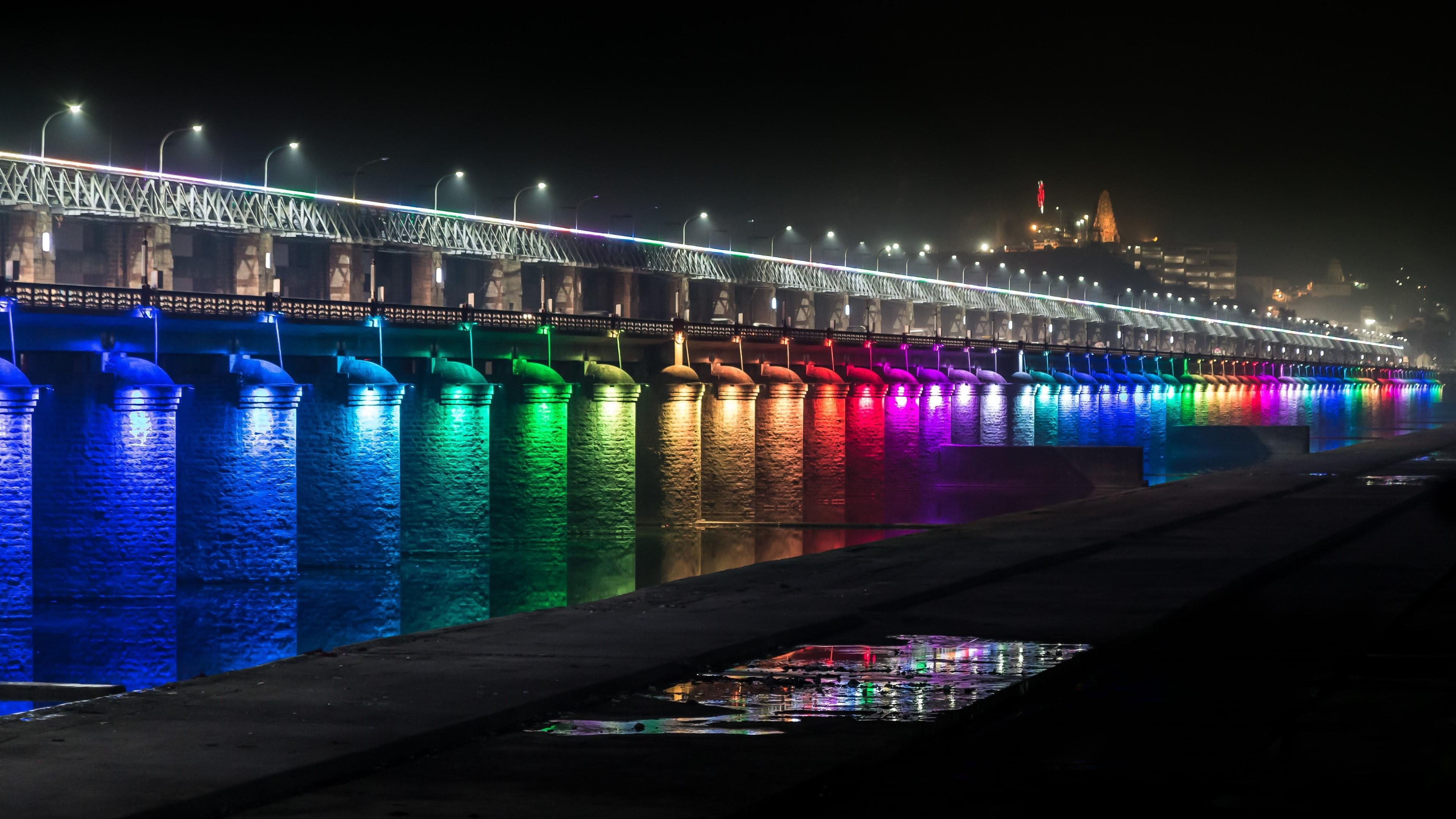 india, vijayawada, city, bridge, river krishna, asia, neon lights