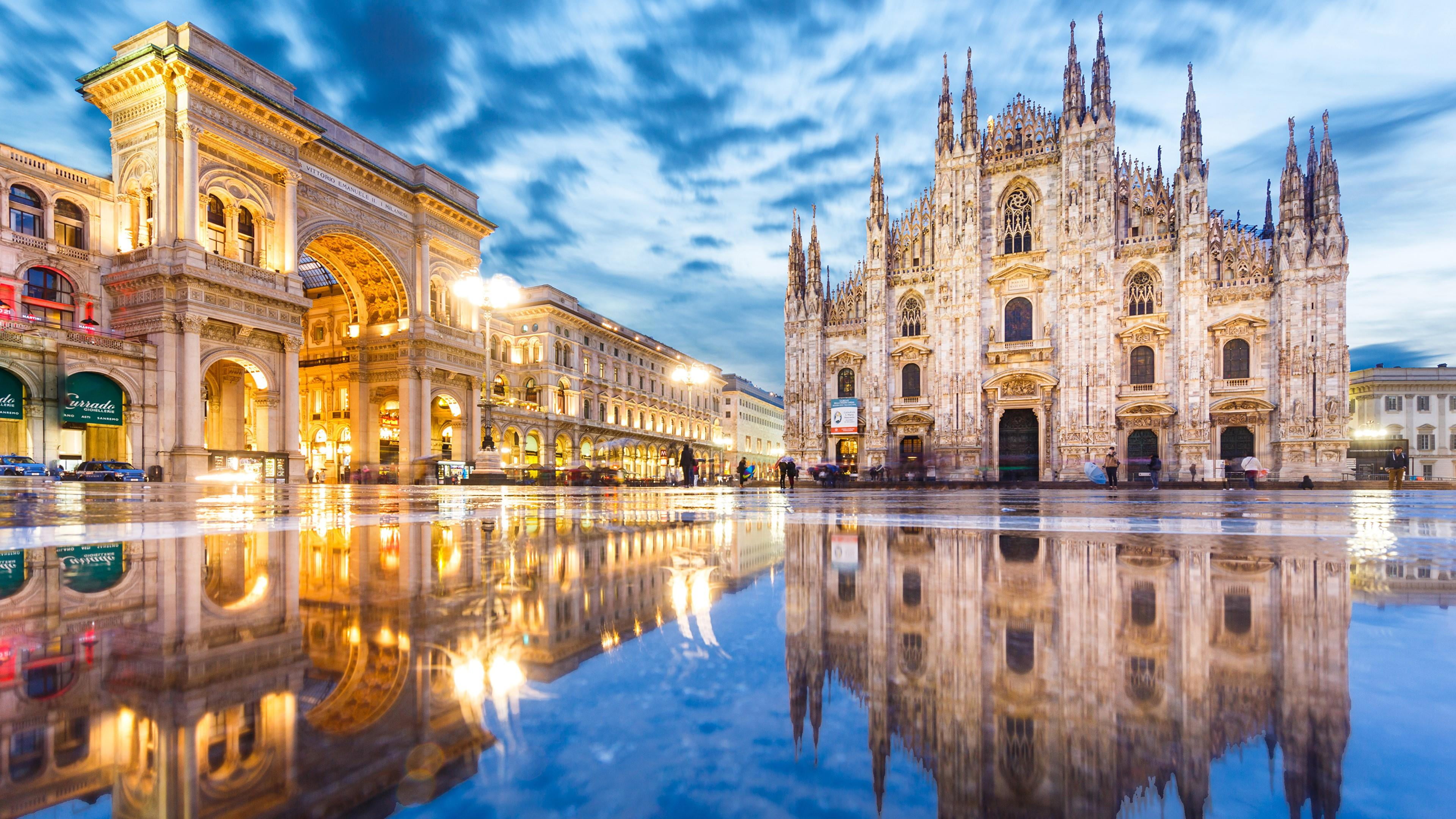 italy, arch, puddle, lombardy, milan, europe, building, cathedral