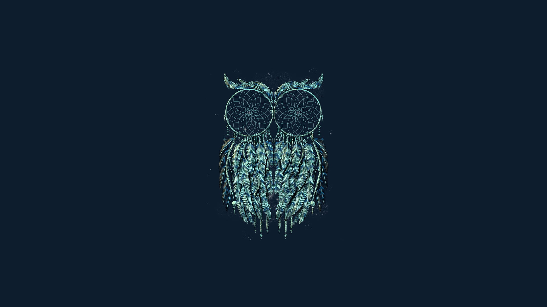 owl, minimalism, blue background, Dreamcatcher