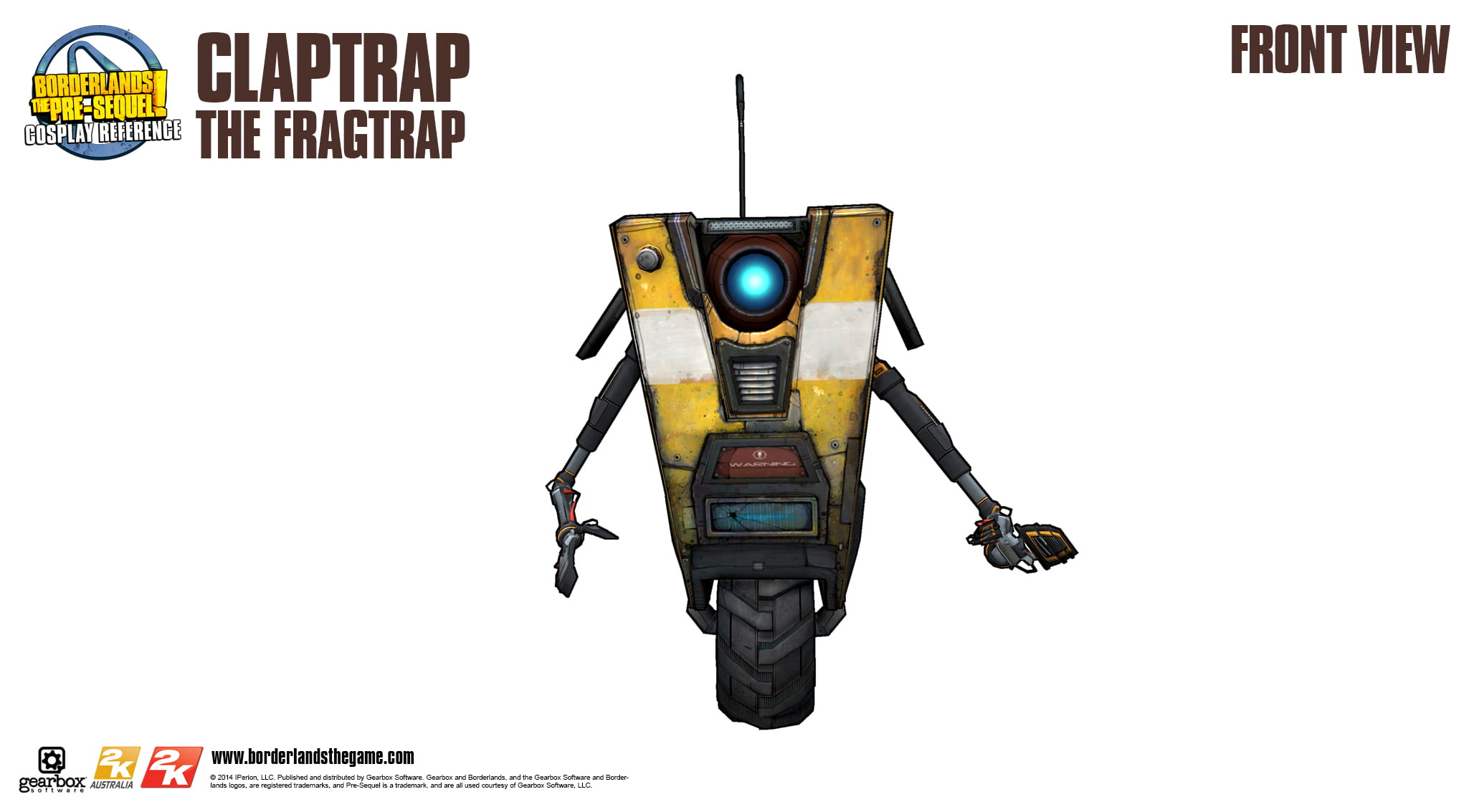 yellow and black Claptrap The Fragtrap robot with text overlay
