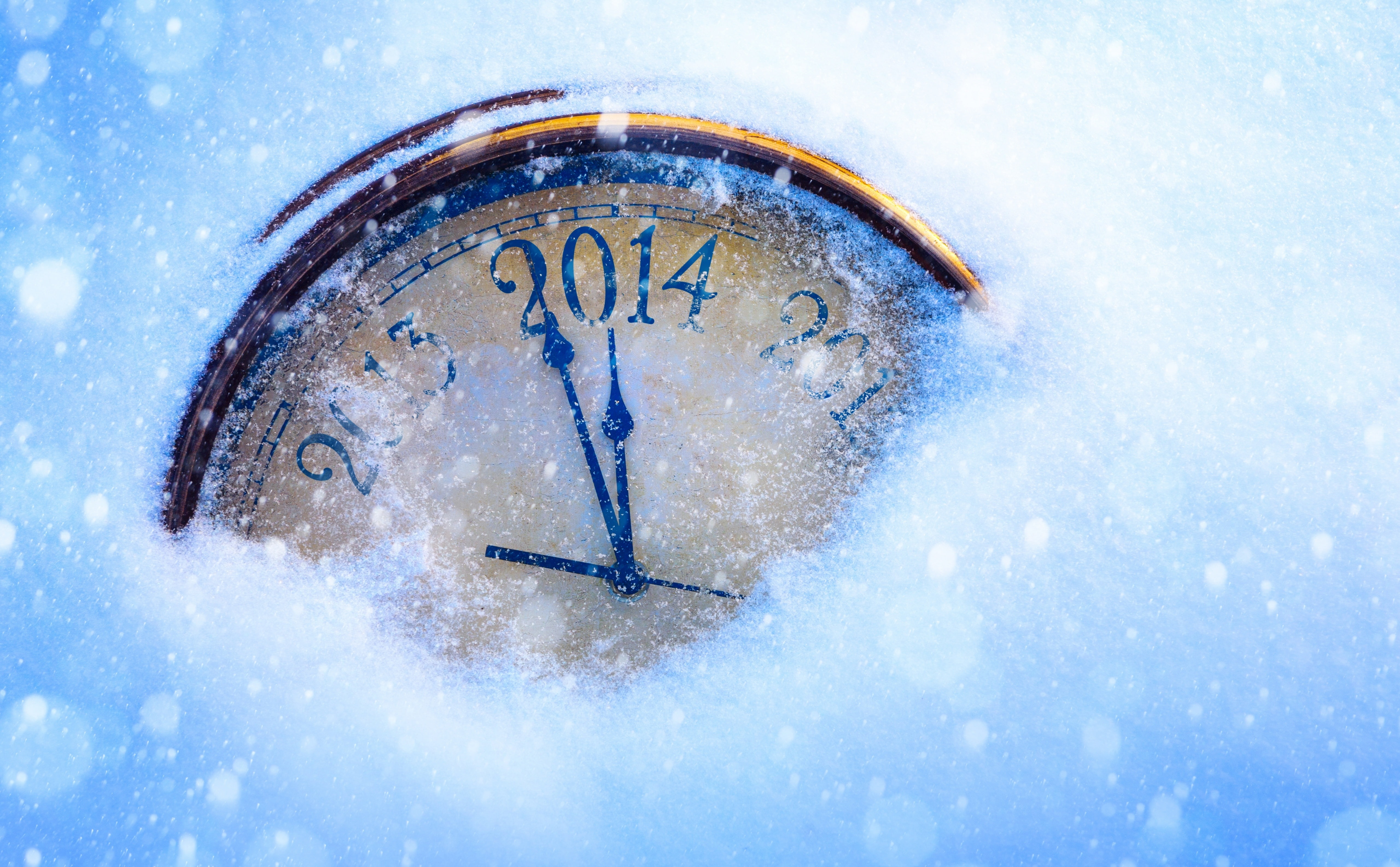 New Years Eve 2014, clock covered with snow digital wallpaper