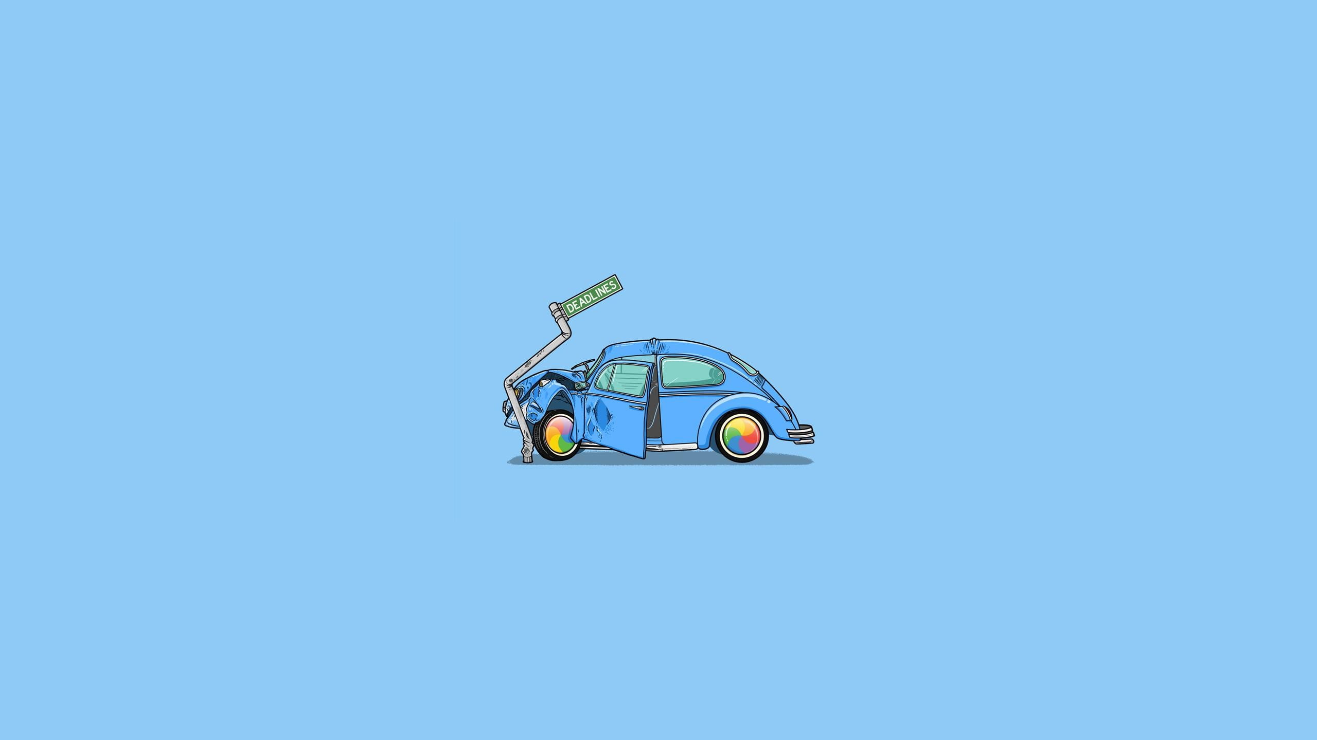 simple, simple background, humor, Volkswagen Beetle, blue, copy space