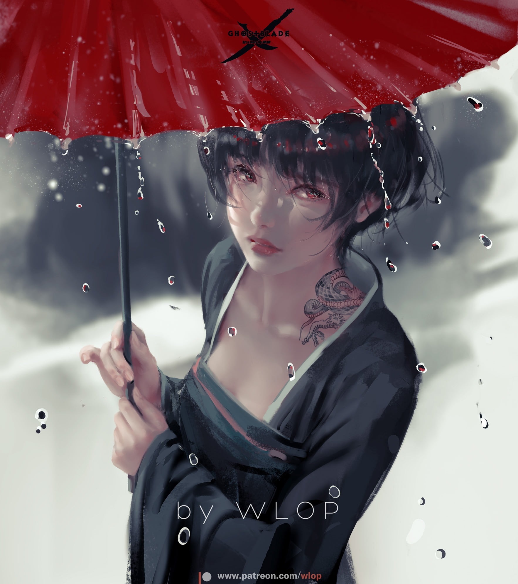 WLOP, artwork, digital art, rain, umbrella, women, short hair