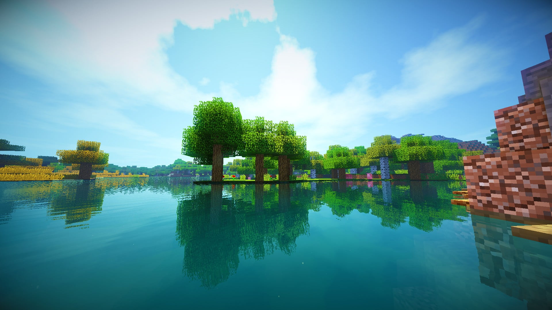 body of water, Minecraft, shaders, reflection, sky, waterfront