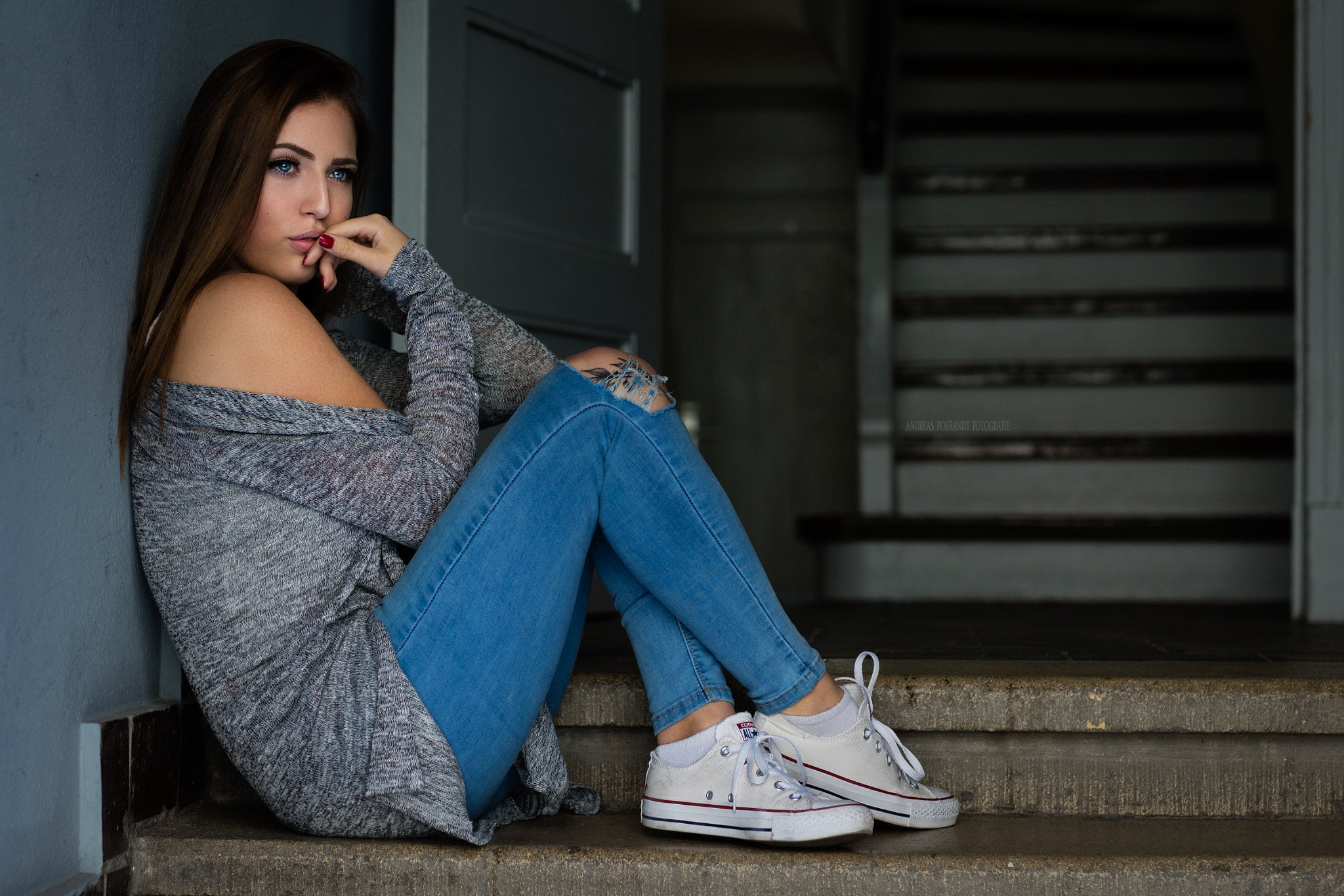 women, blue eyes, Converse, torn jeans, red nails, sitting
