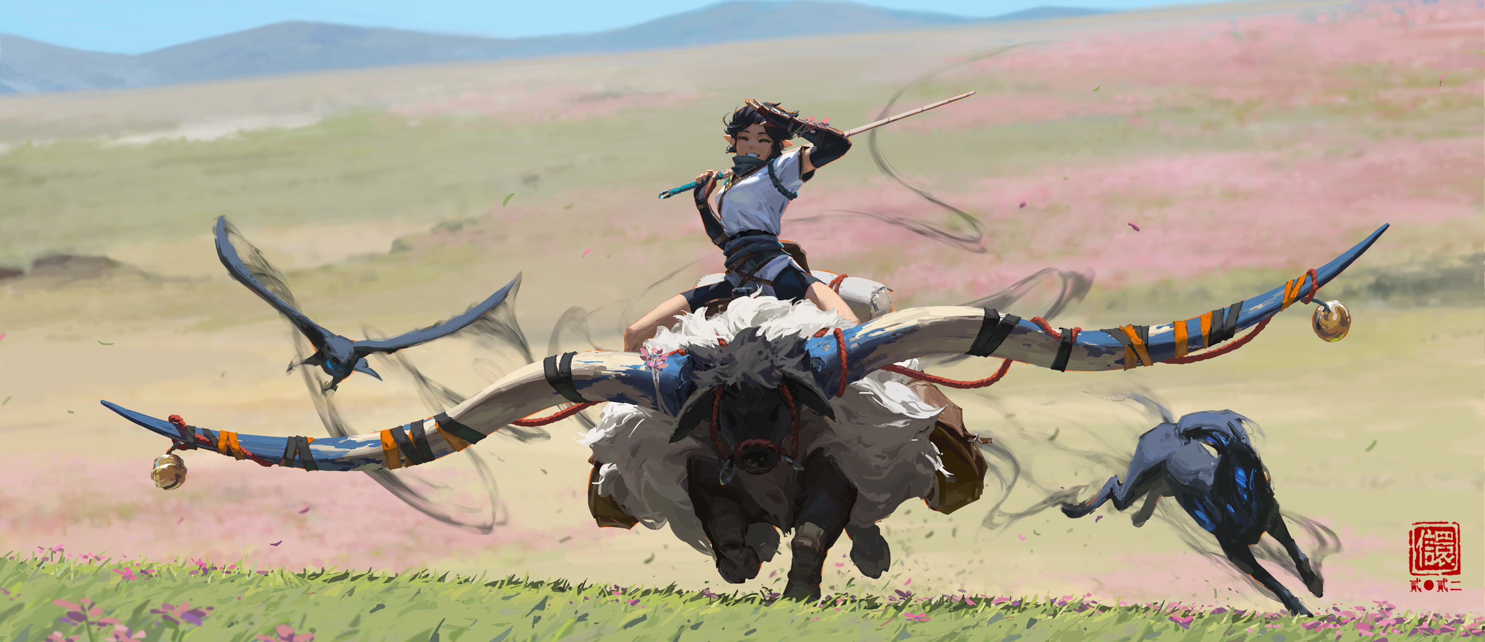 Kan Liu, fantasy art, fantasy girl, artwork, animals, bull