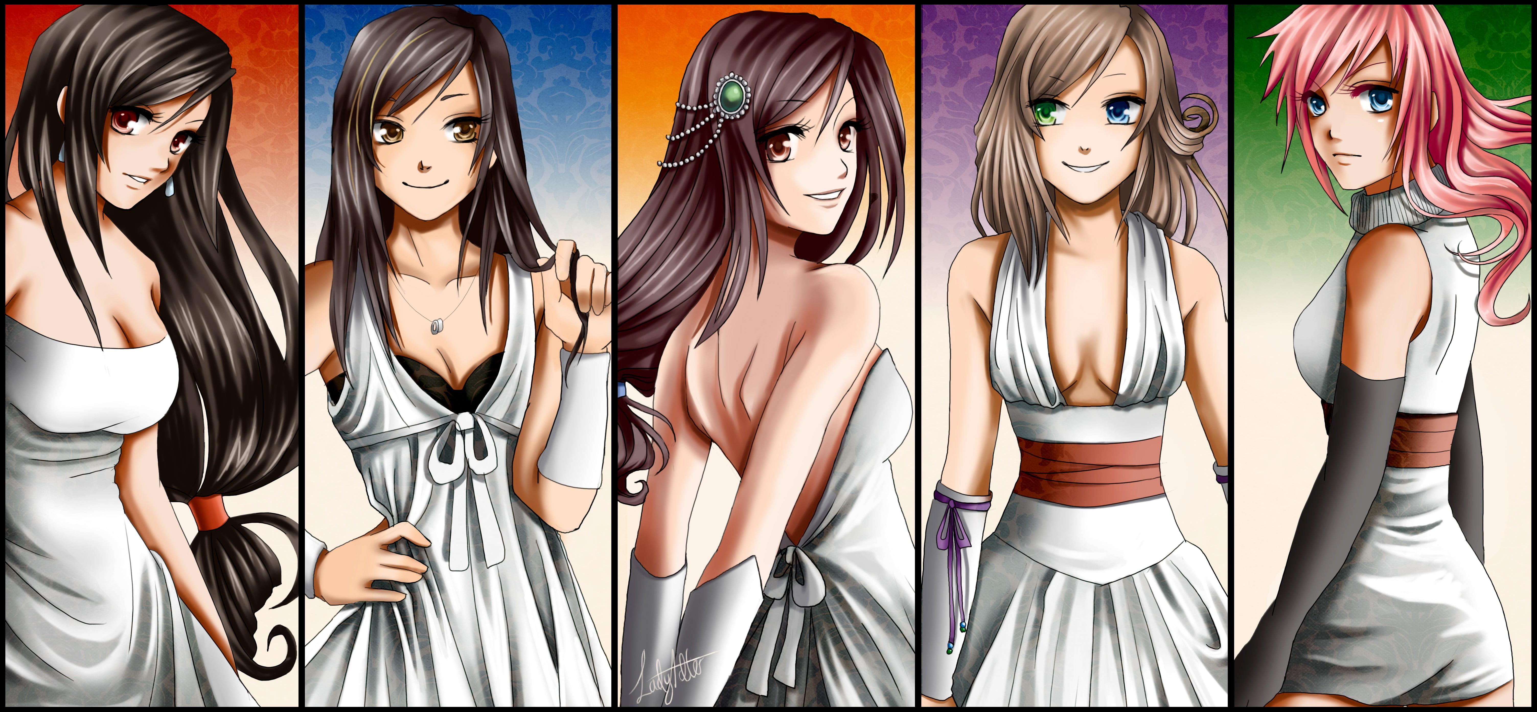 five female anime characters collage wallpaper, anime girls, Final Fantasy